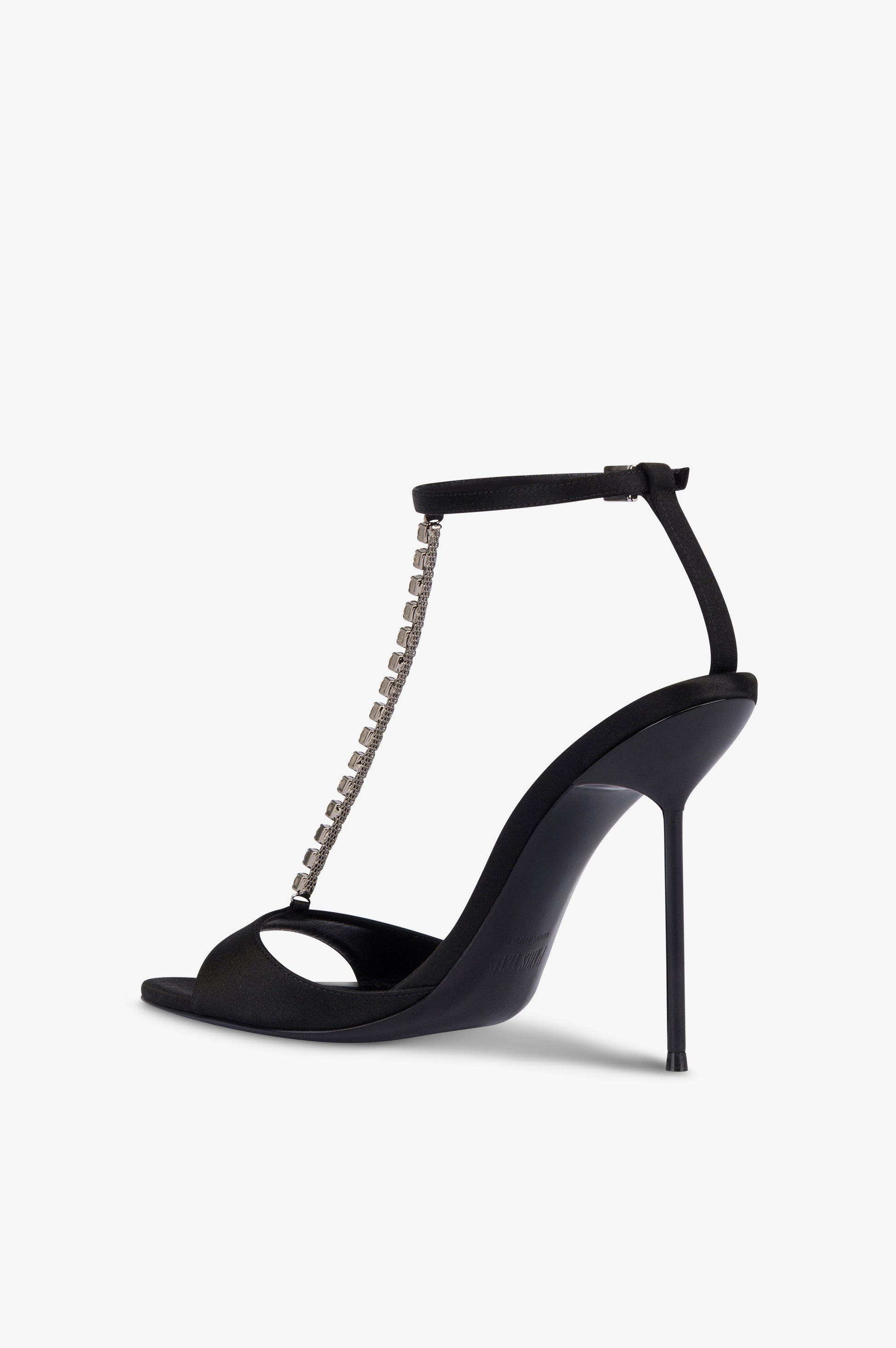 T-strap sandals in black satin with stud detailing.