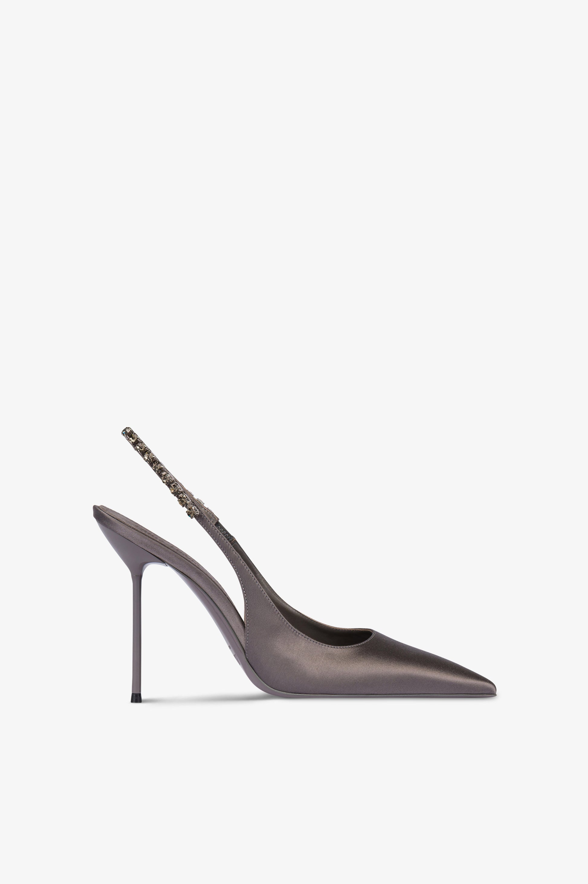 Slingbacks in grey satin with stud detailing.