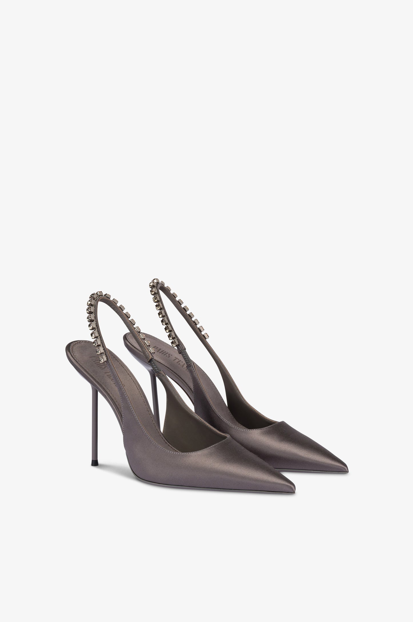 Slingbacks in grey satin with stud detailing.
