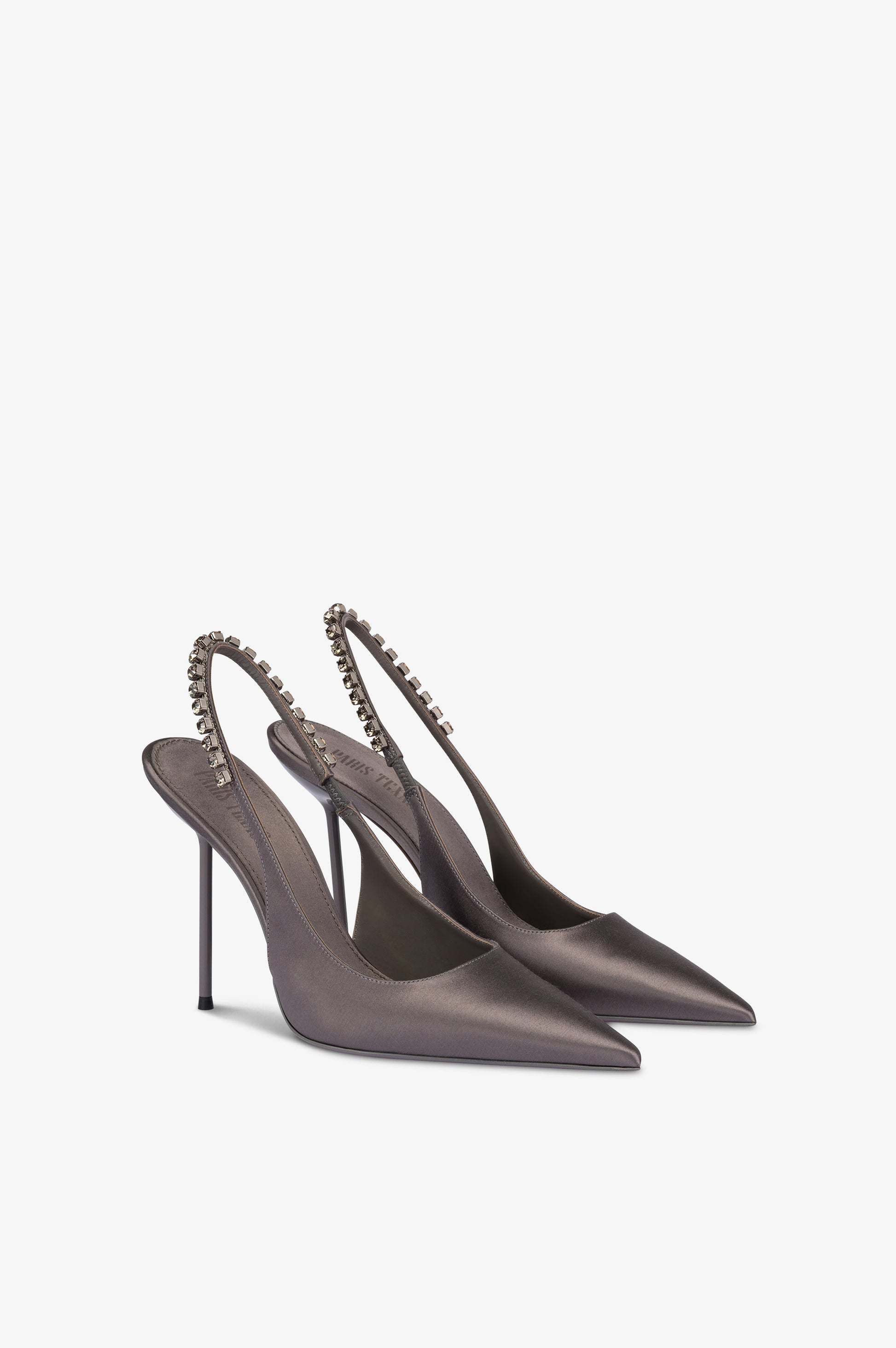 Slingbacks in grey satin with stud detailing.