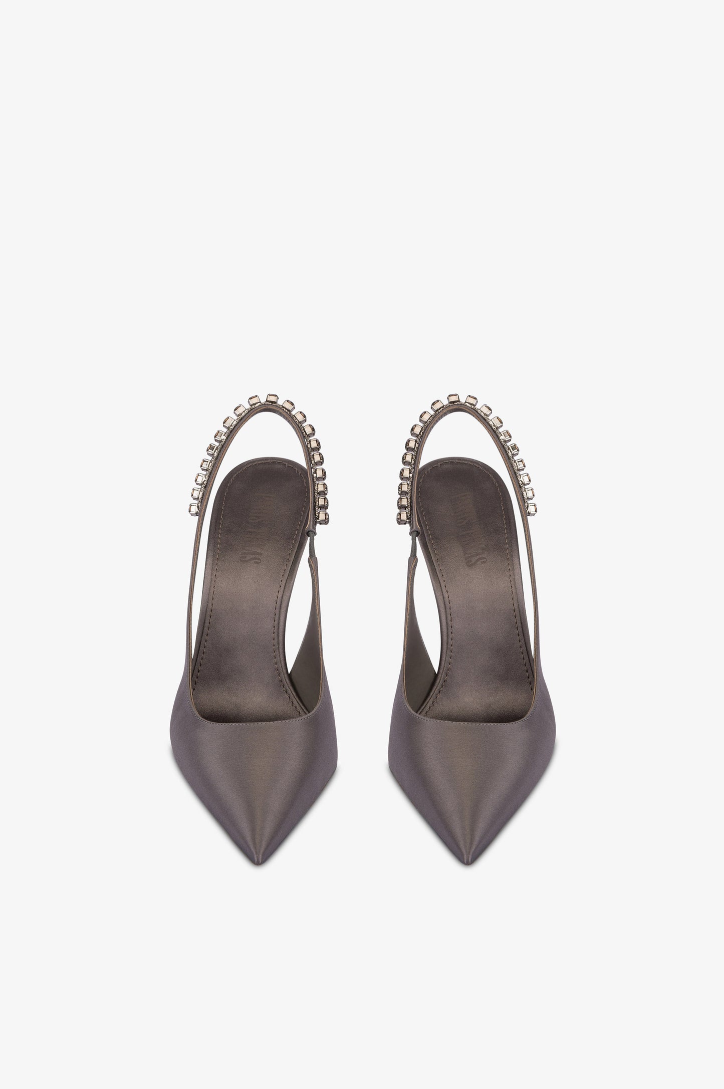 Slingbacks in grey satin with stud detailing.