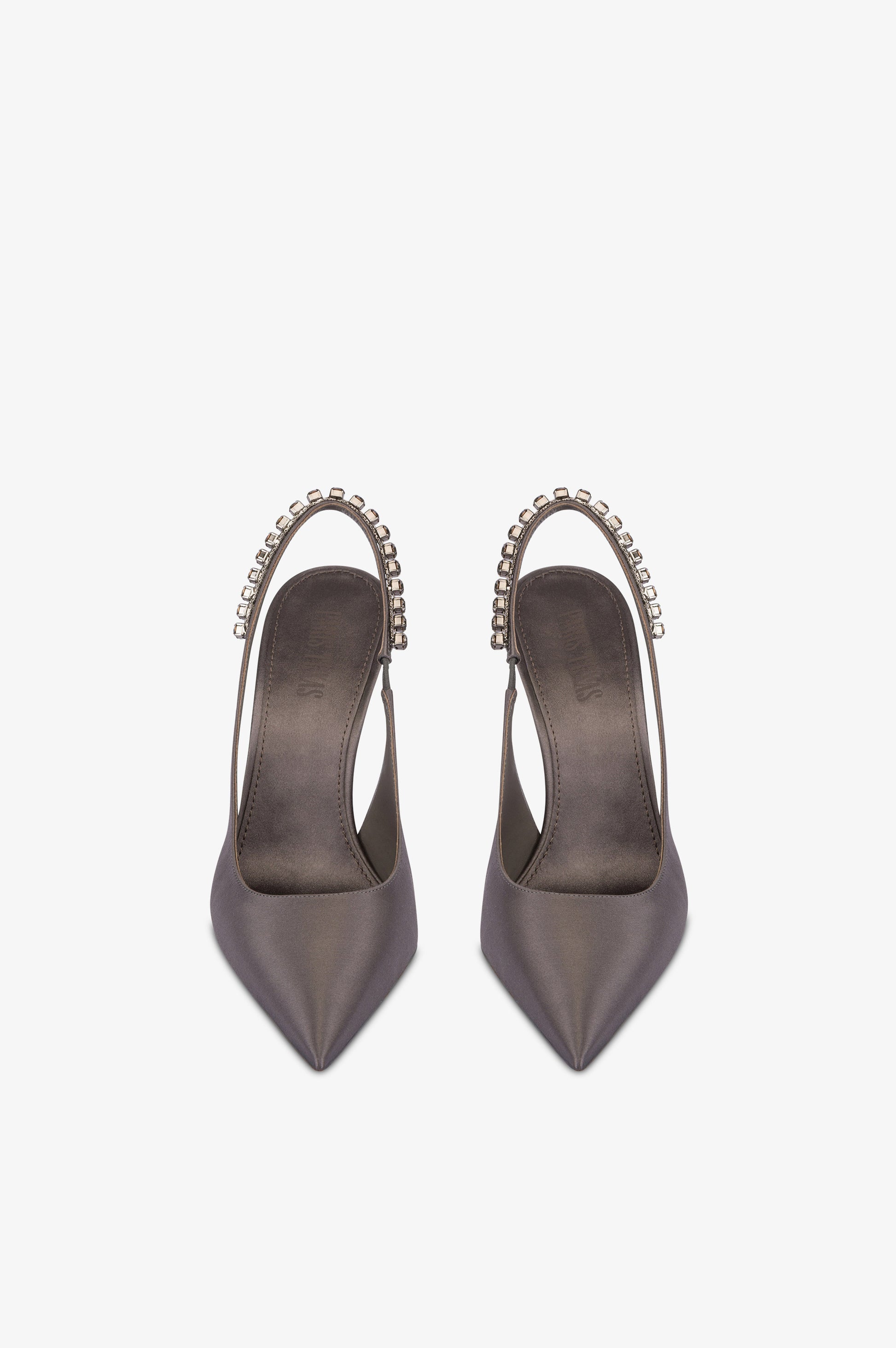 Slingbacks in grey satin with stud detailing.
