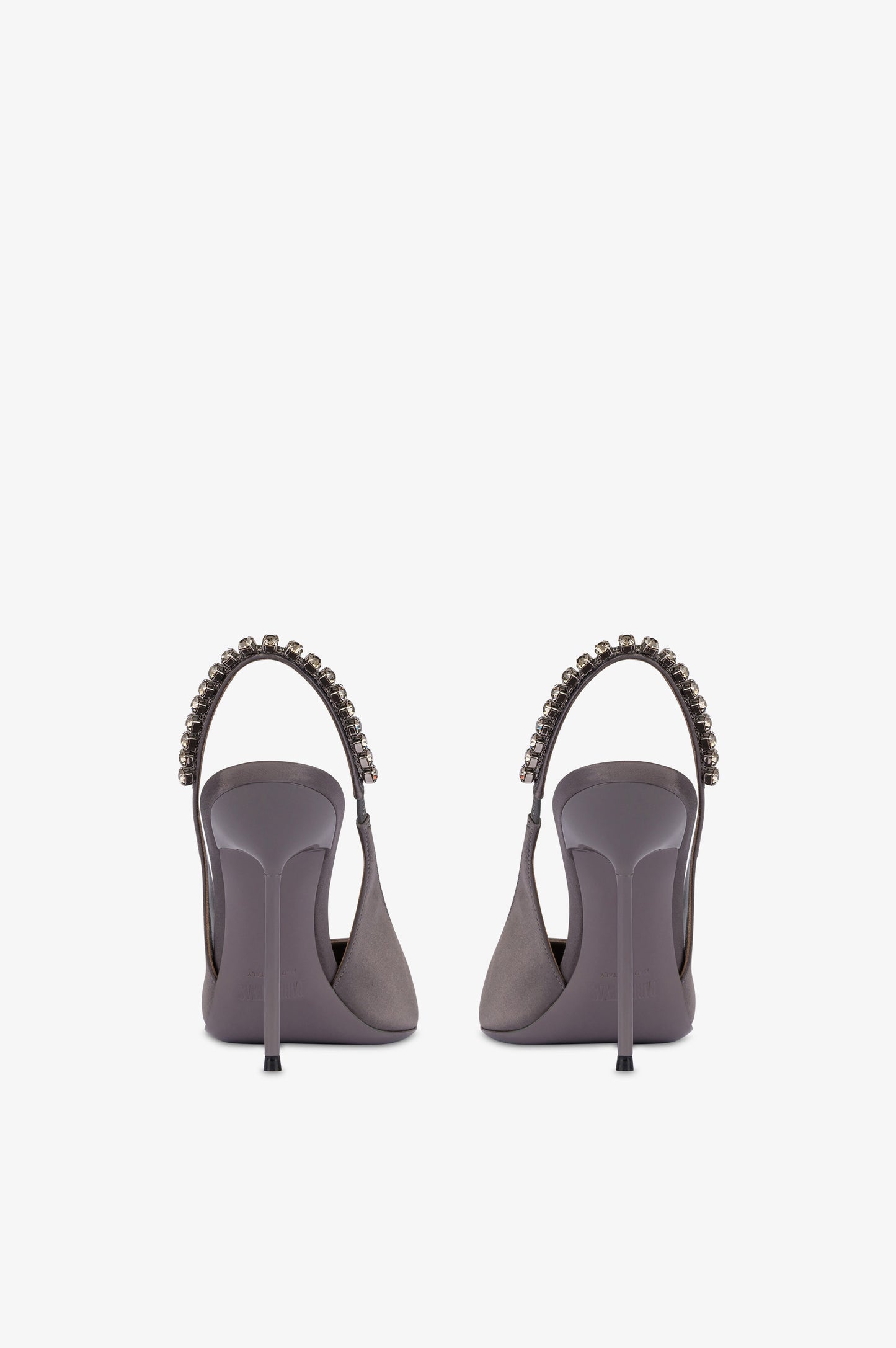 Slingbacks in grey satin with stud detailing.
