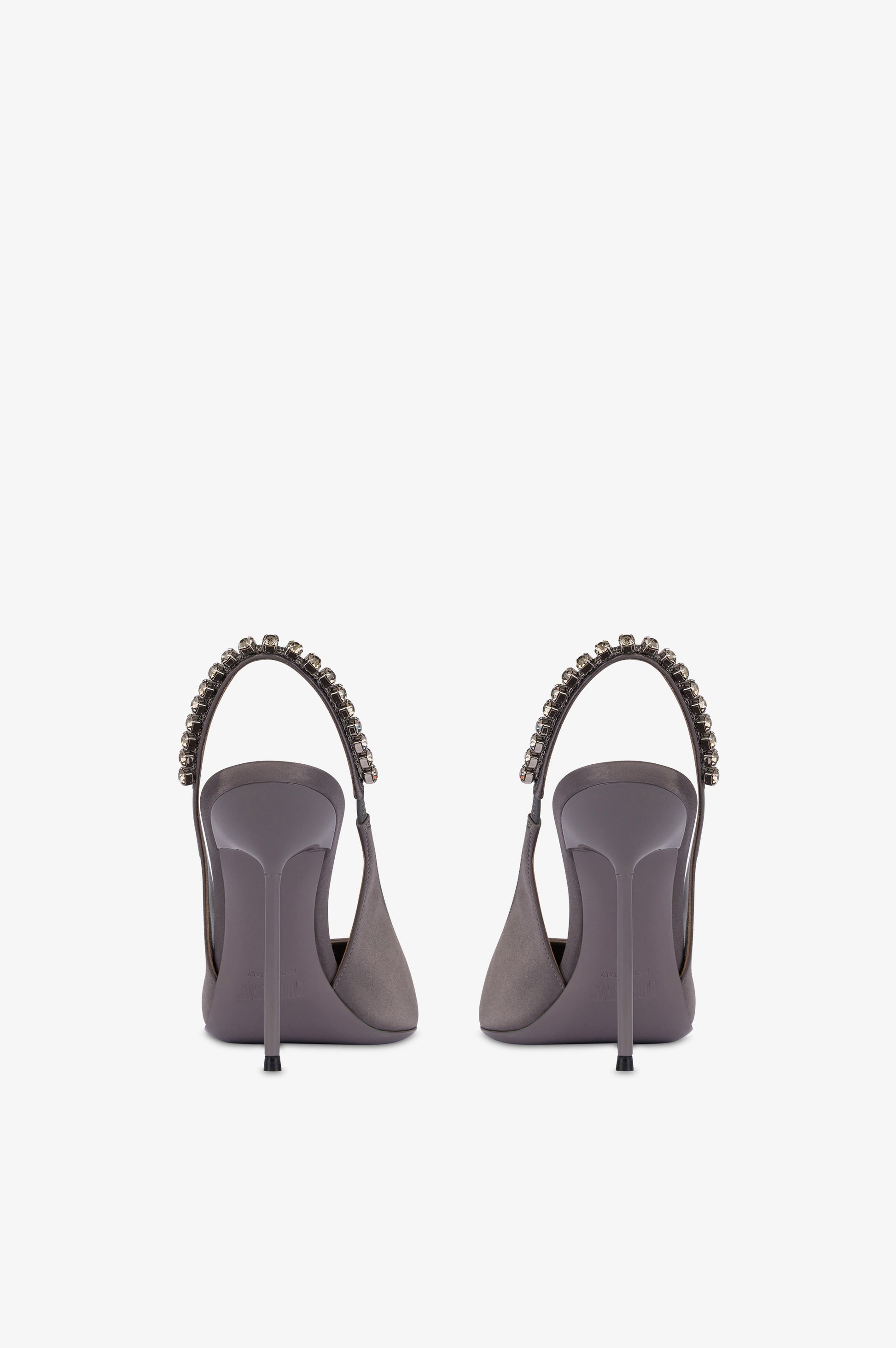 Slingbacks in grey satin with stud detailing.