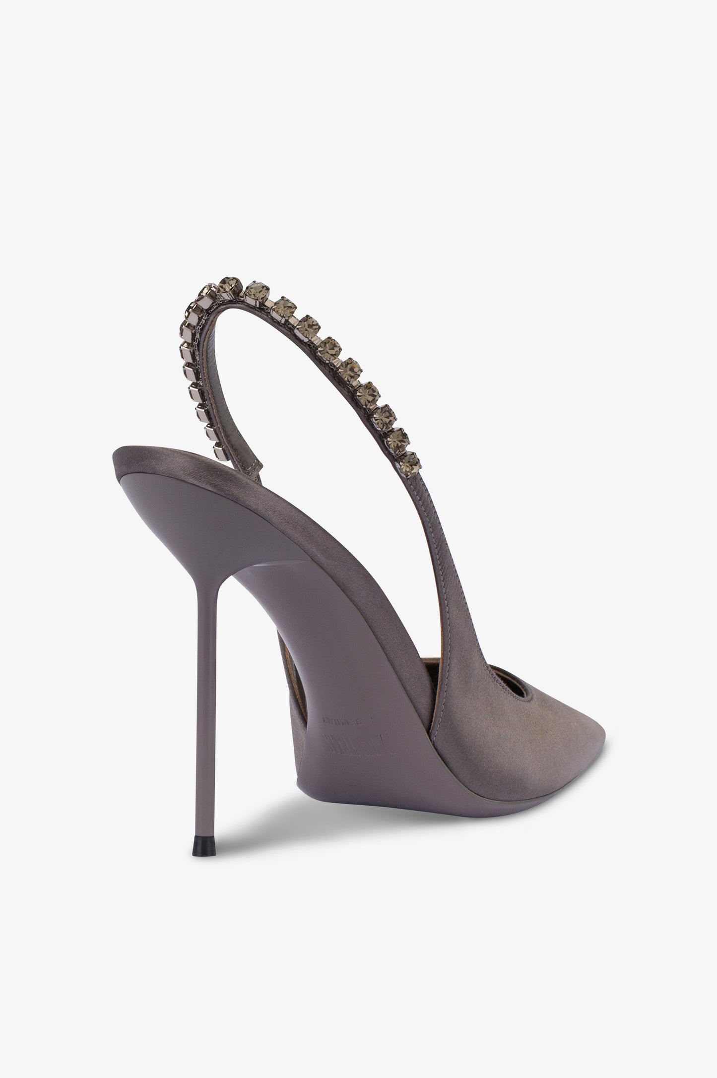 Slingbacks in grey satin with stud detailing.