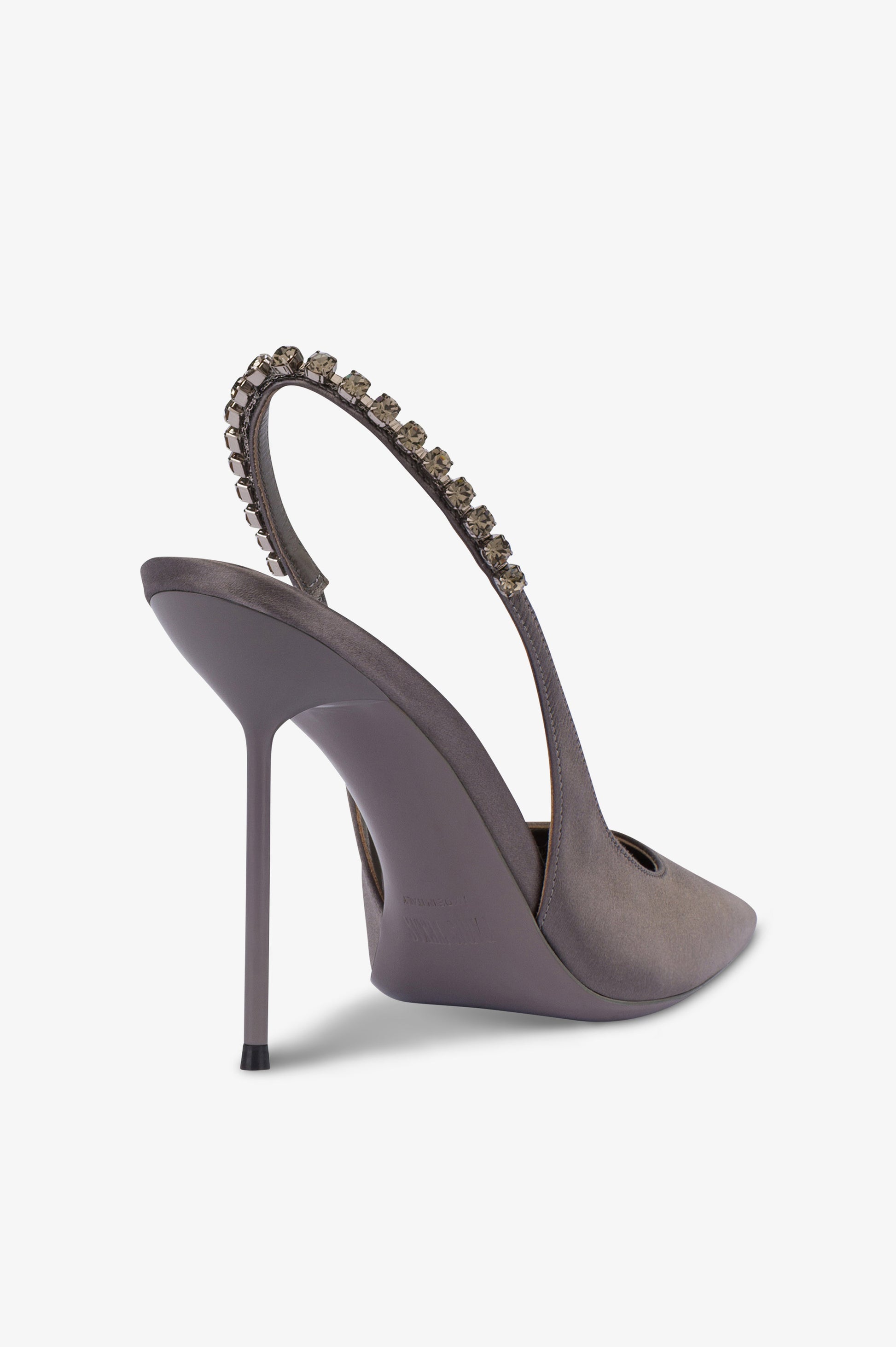 Slingbacks in grey satin with stud detailing.