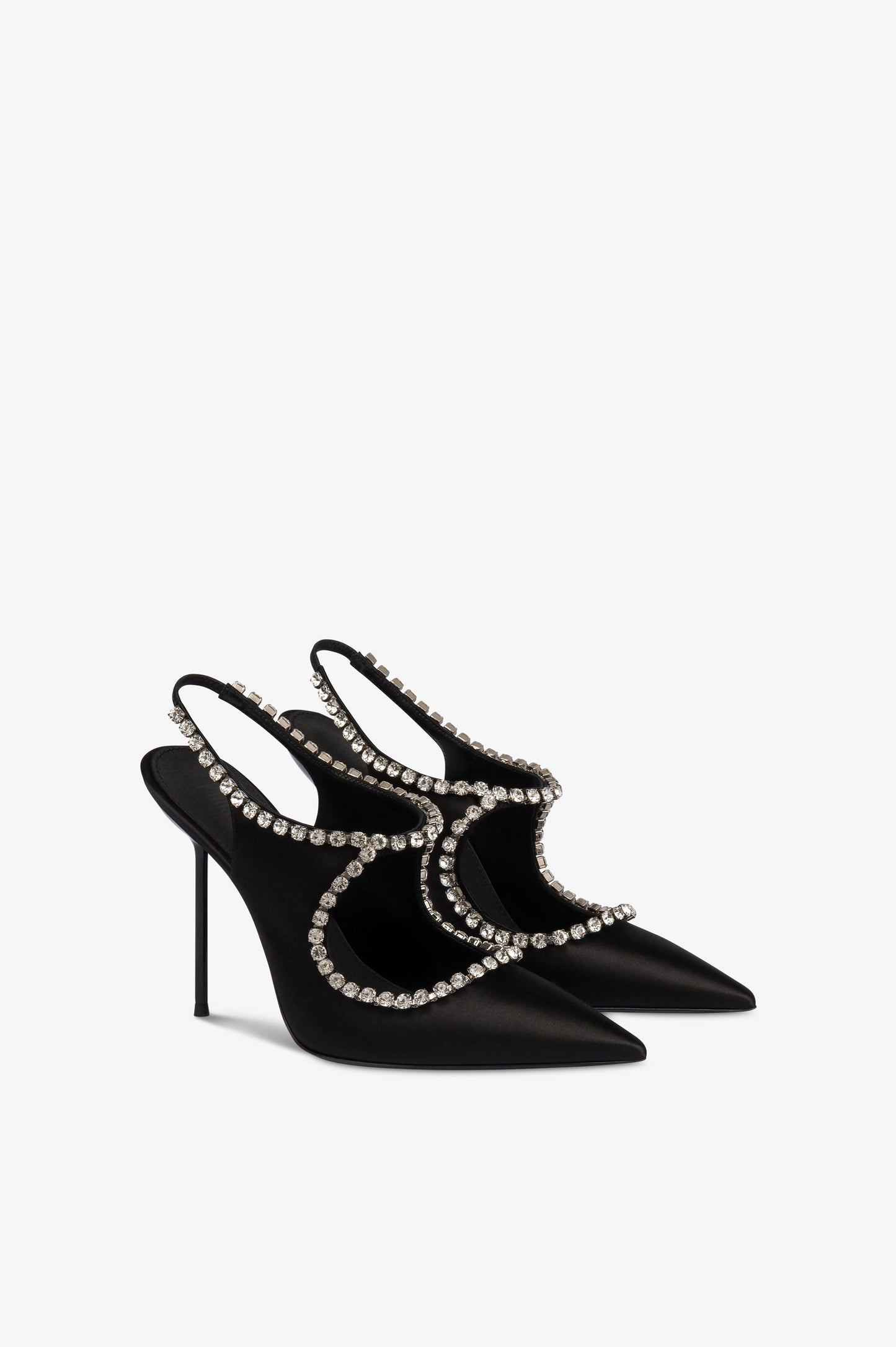 Slingbacks in black satin with stud detailing.