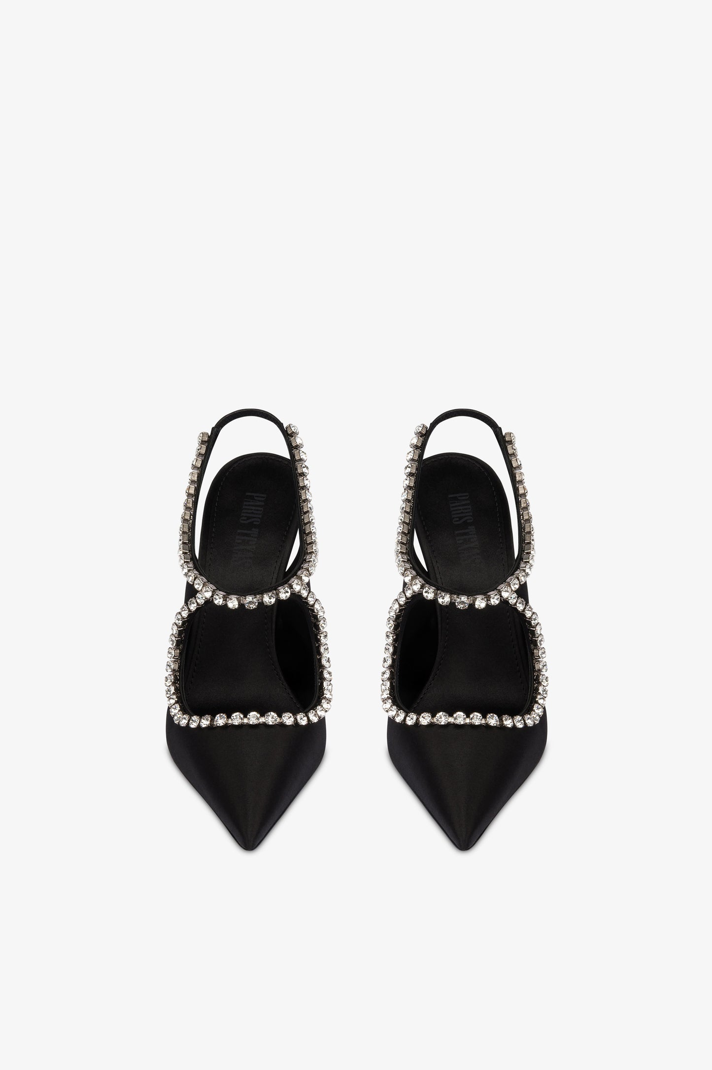 Slingbacks in black satin with stud detailing.