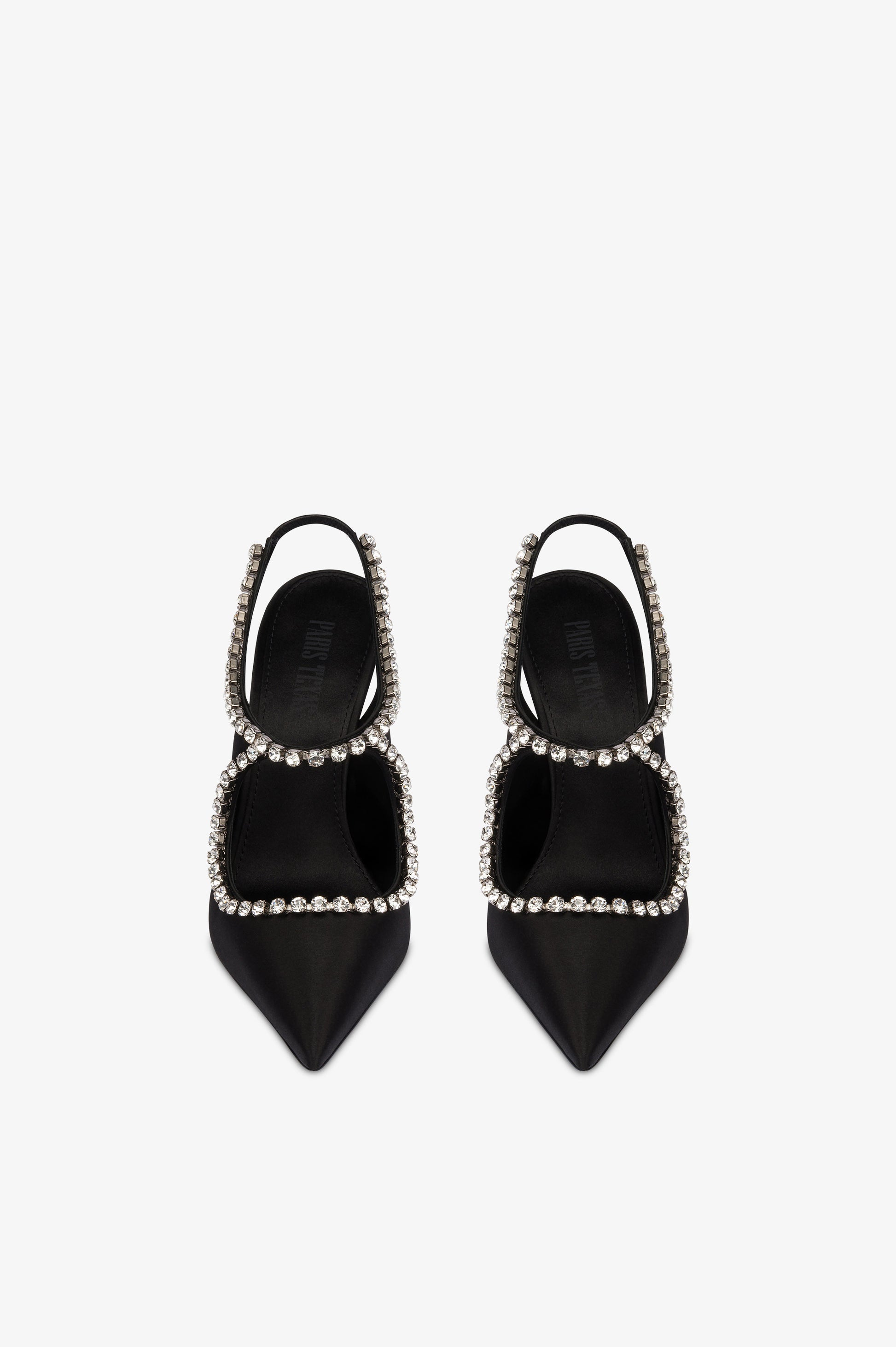 Slingbacks in black satin with stud detailing.