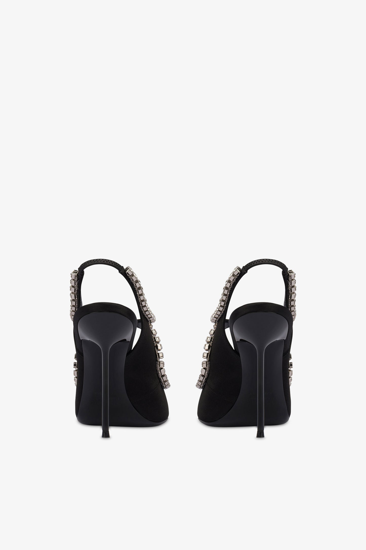 Slingbacks in black satin with stud detailing.