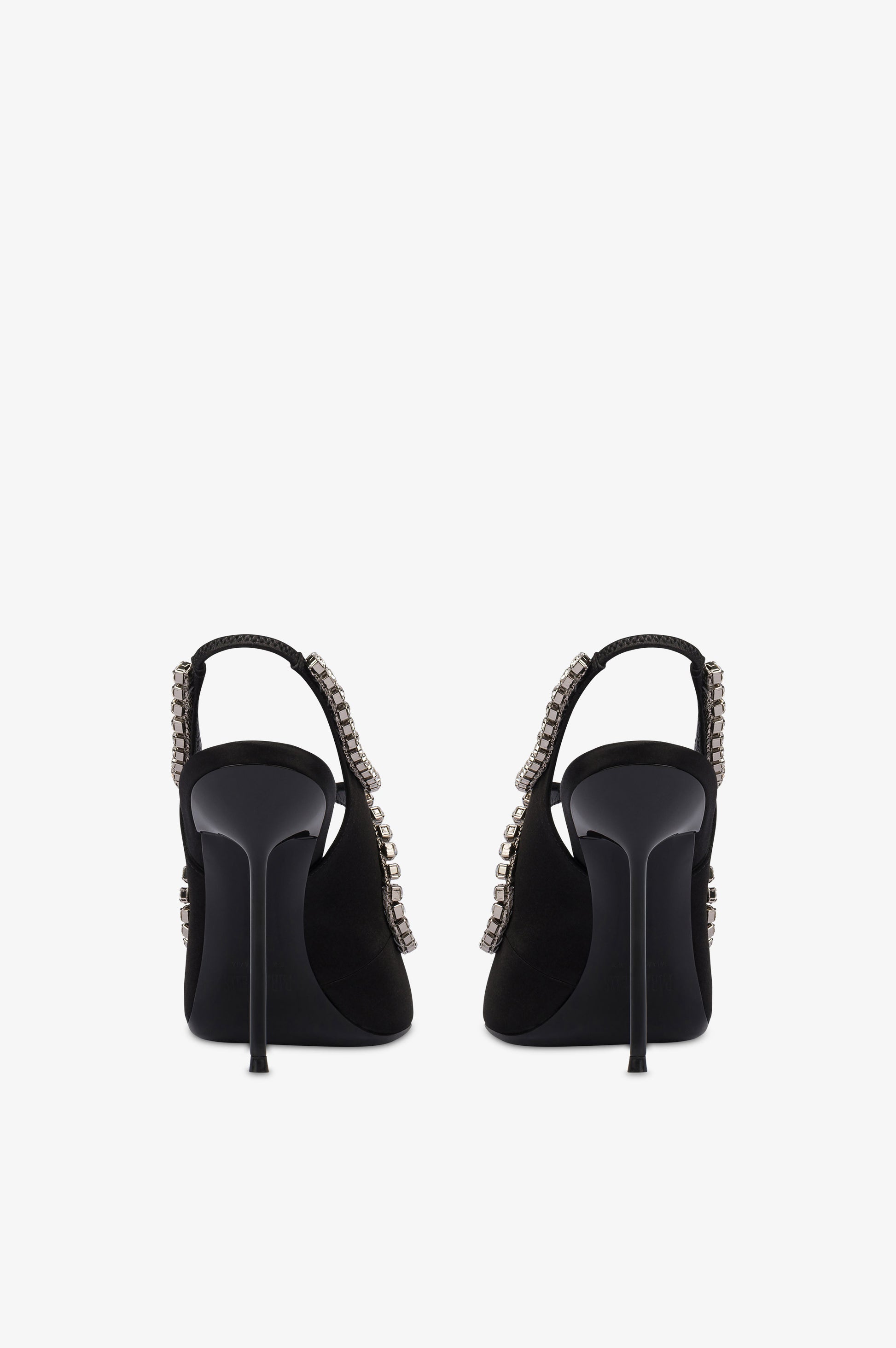 Slingbacks in black satin with stud detailing.