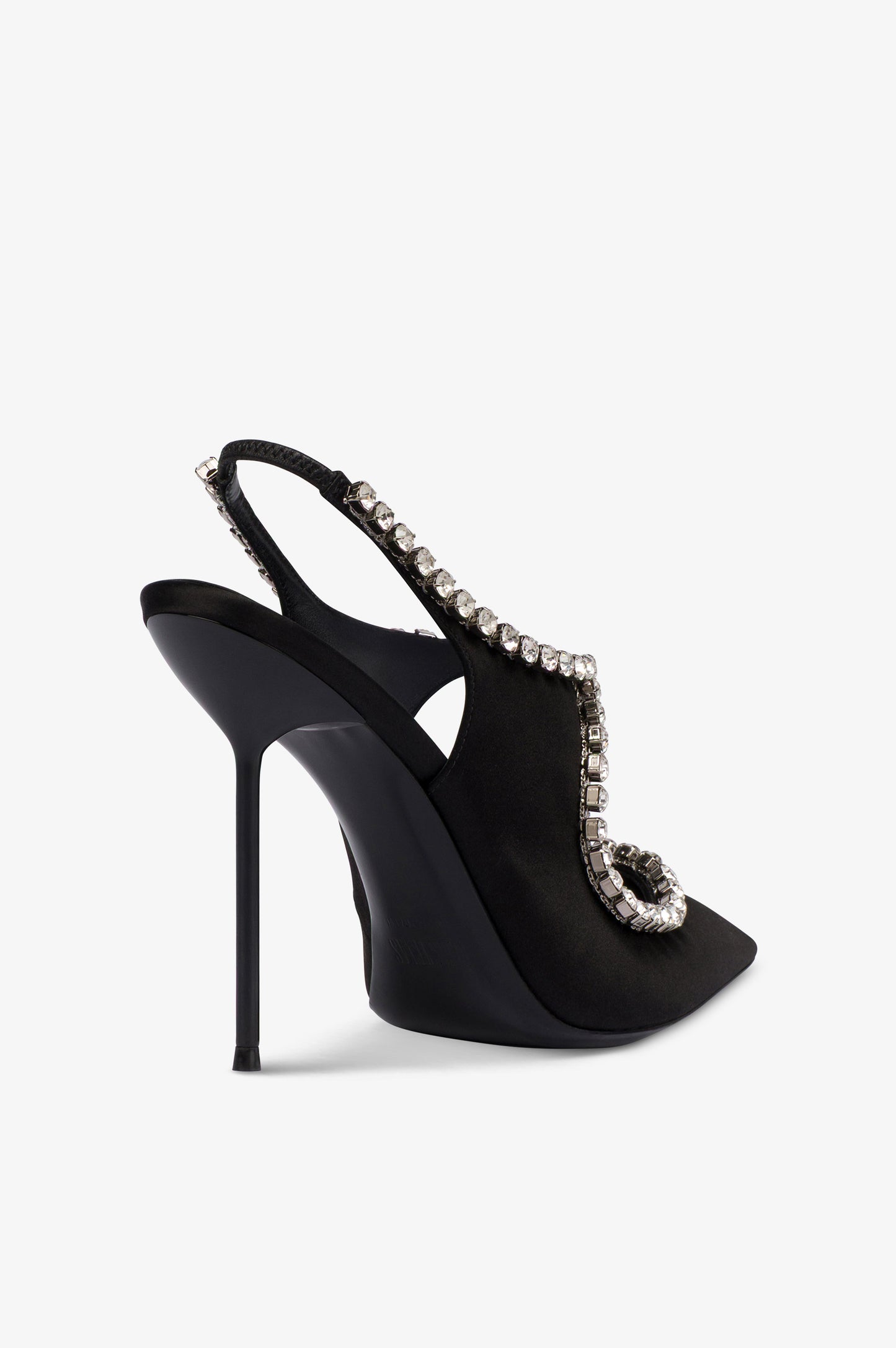 Slingbacks in black satin with stud detailing.