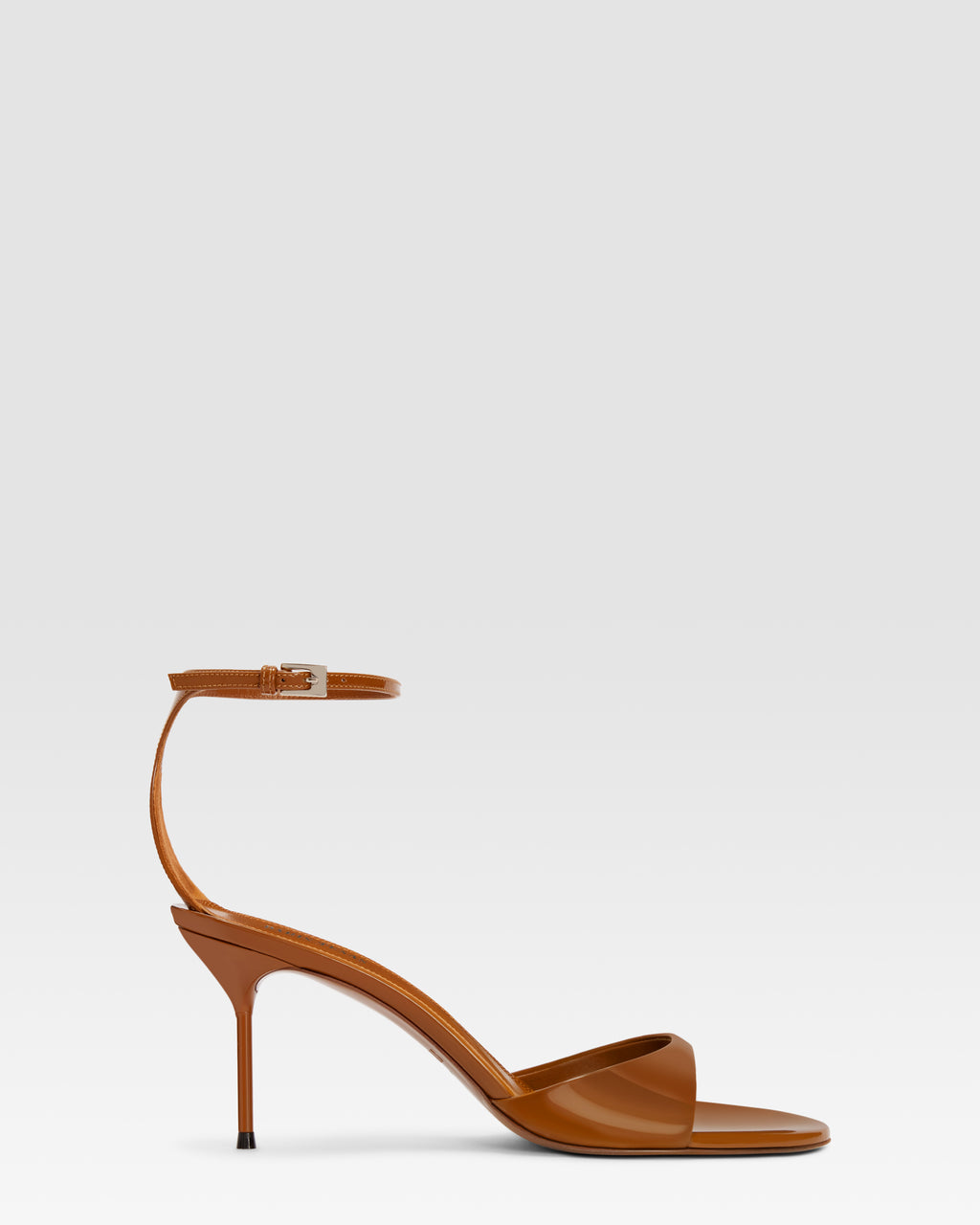 Ankle-strap sandals in coffee patent leather