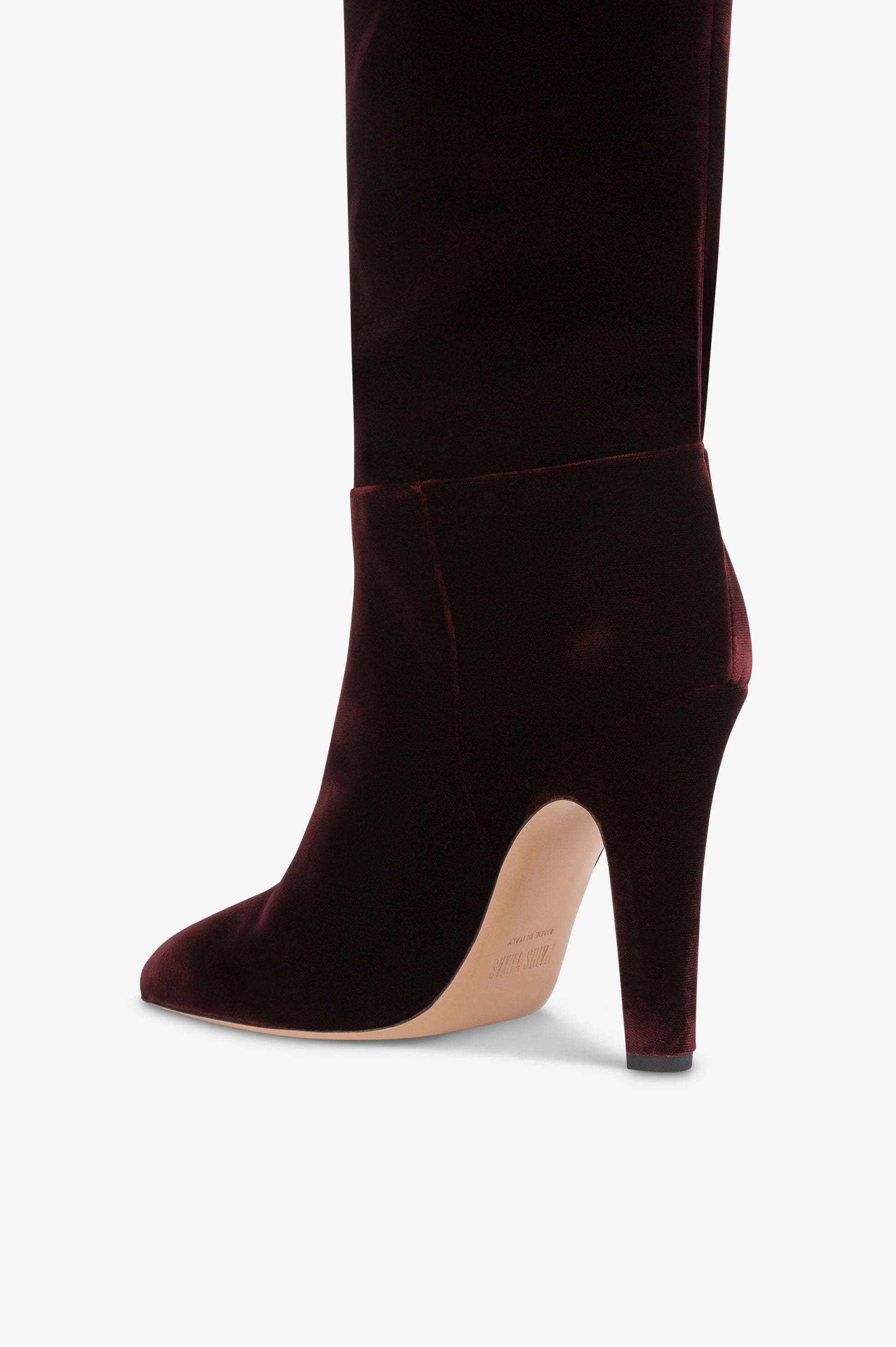 Boots in pinot noir velvet.