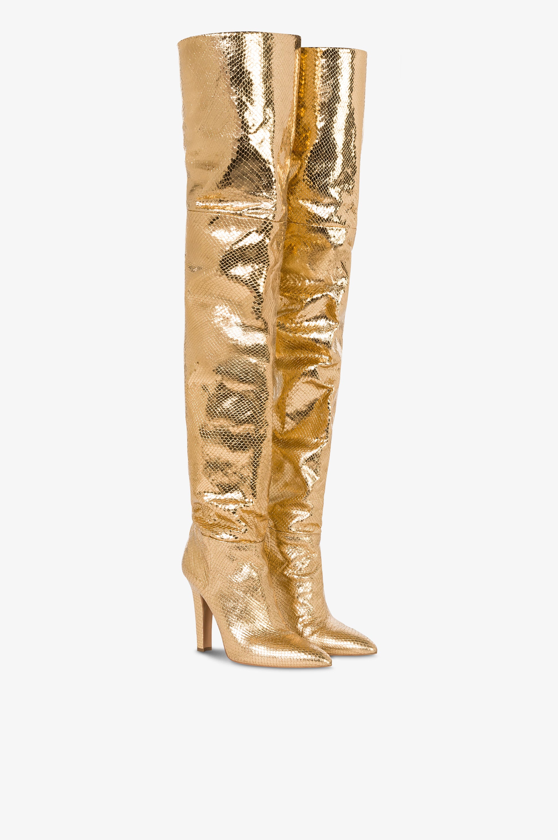 Over-the-knee boots in gold, metallic-effect printed python leather.