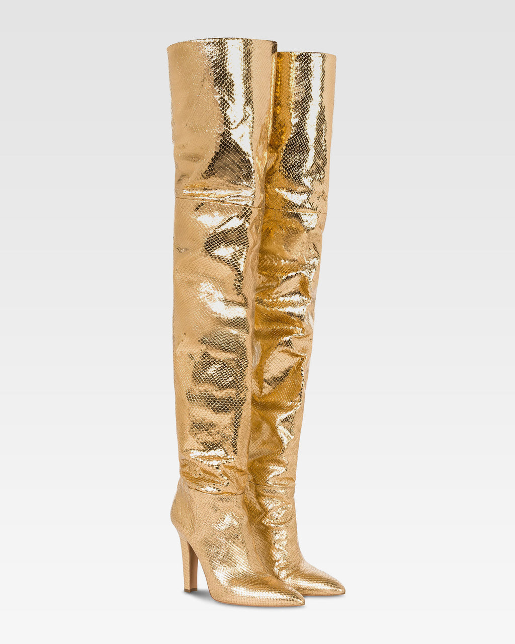 Kniehohe Stiefel aus goldfarbenem, bedrucktem Pythonleder mit Metallic-Effekt.