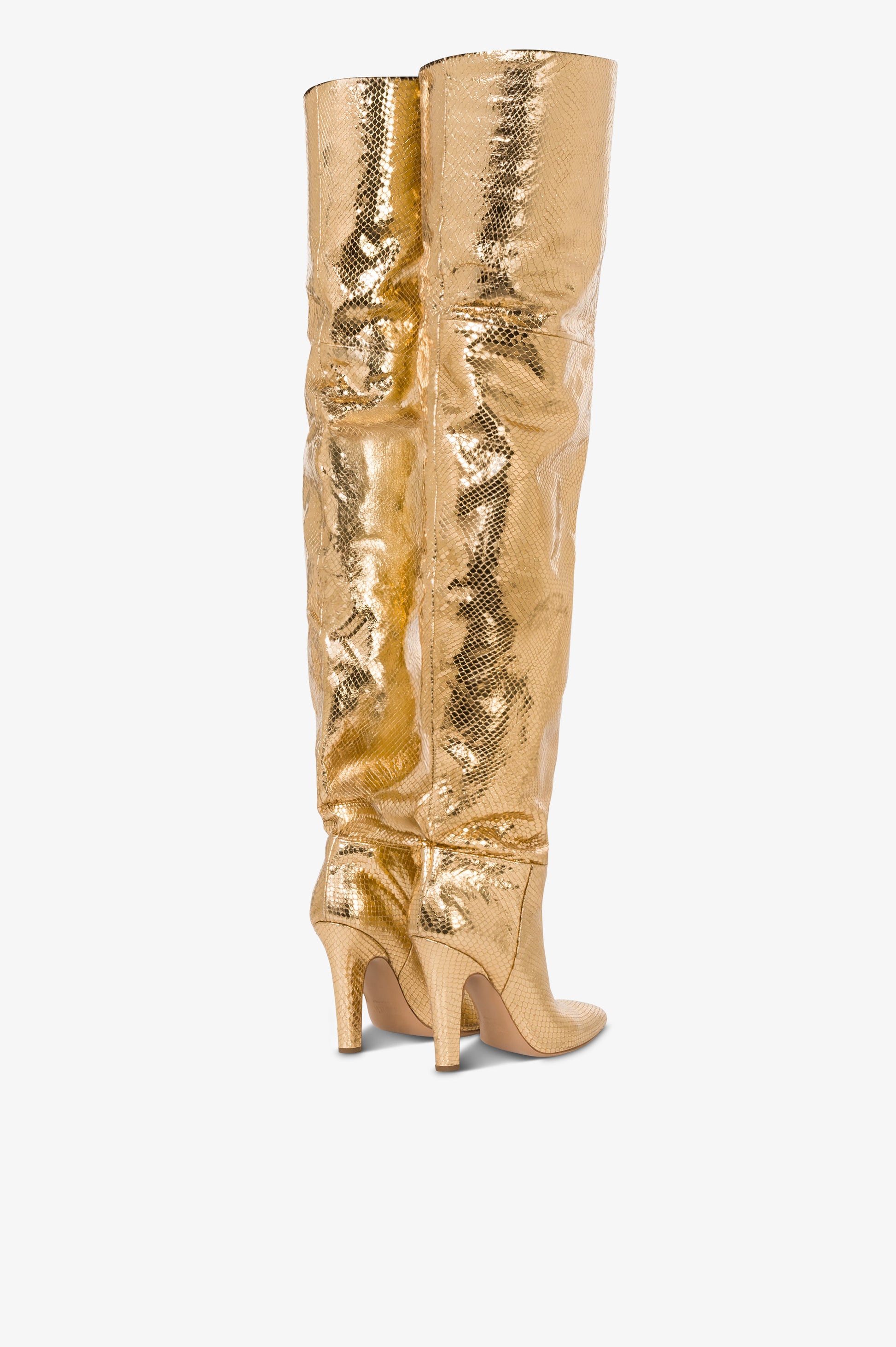 Over-the-knee boots in gold, metallic-effect printed python leather.