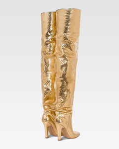 Kniehohe Stiefel aus goldfarbenem, bedrucktem Pythonleder mit Metallic-Effekt.