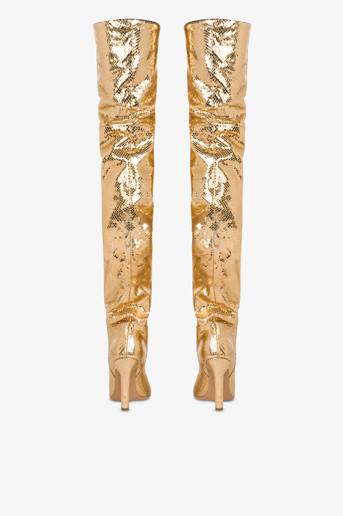 Over-the-knee boots in gold, metallic-effect printed python leather.
