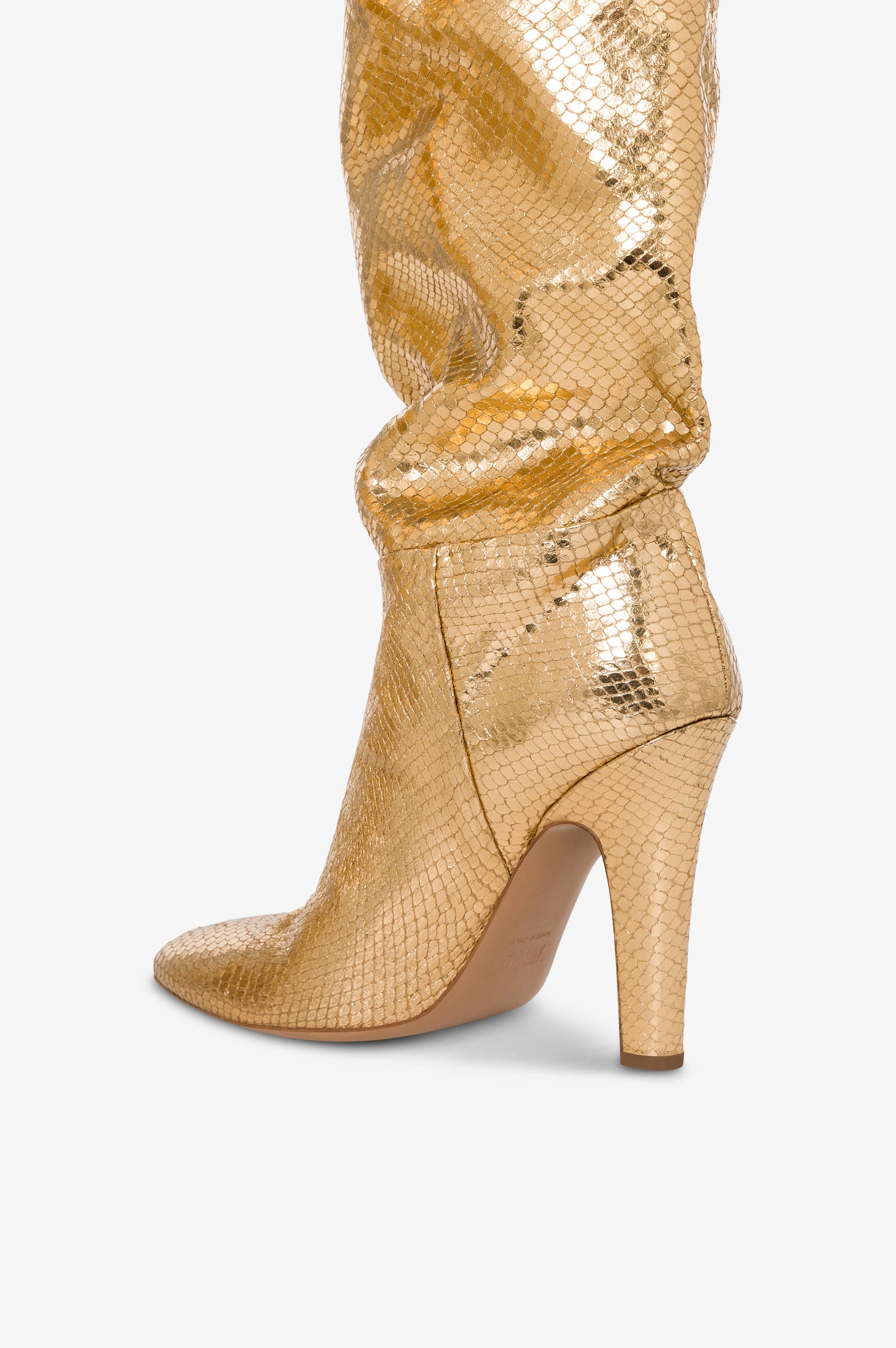 Over-the-knee boots in gold, metallic-effect printed python leather.