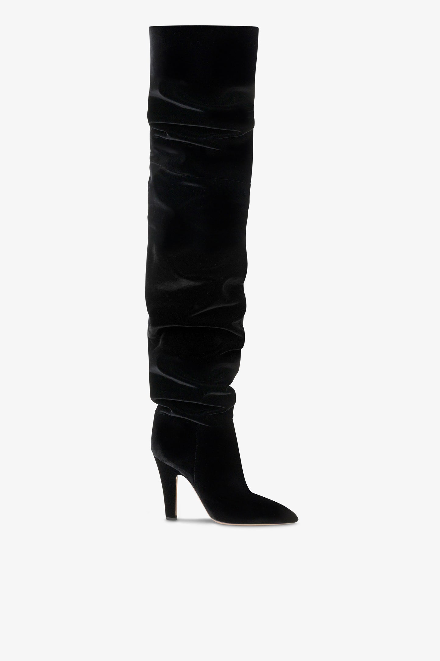 Over-the-knee boots in black velvet.