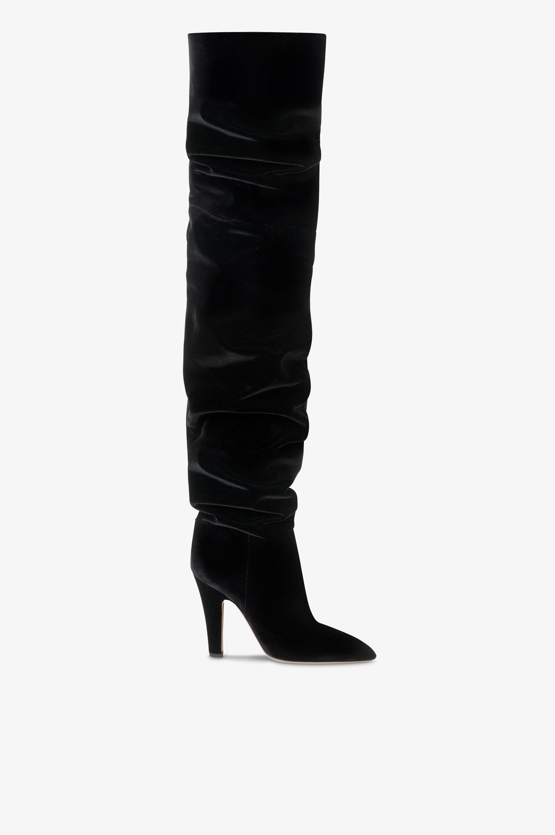 Over-the-knee boots in black velvet.