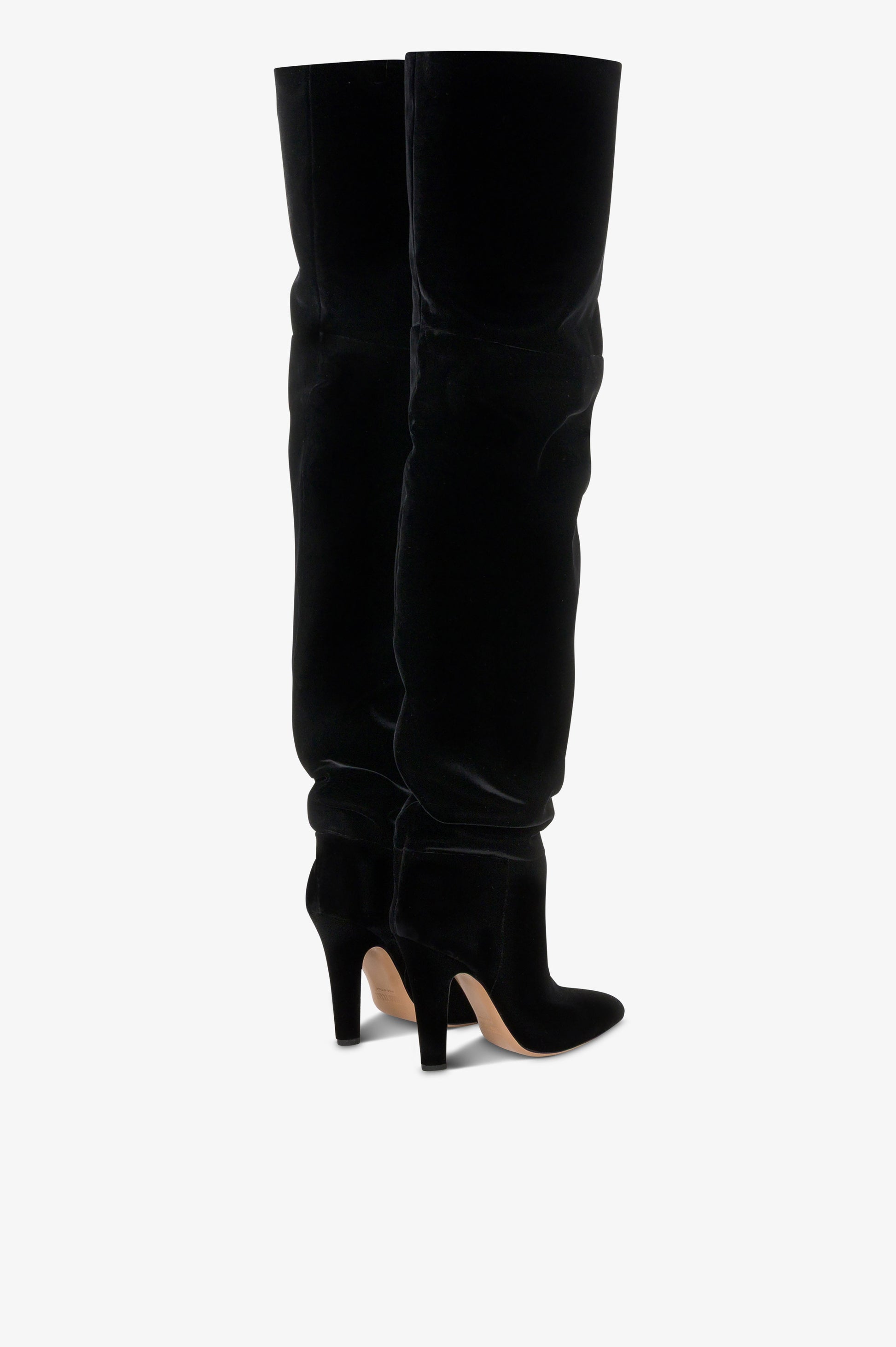 Over-the-knee boots in black velvet.