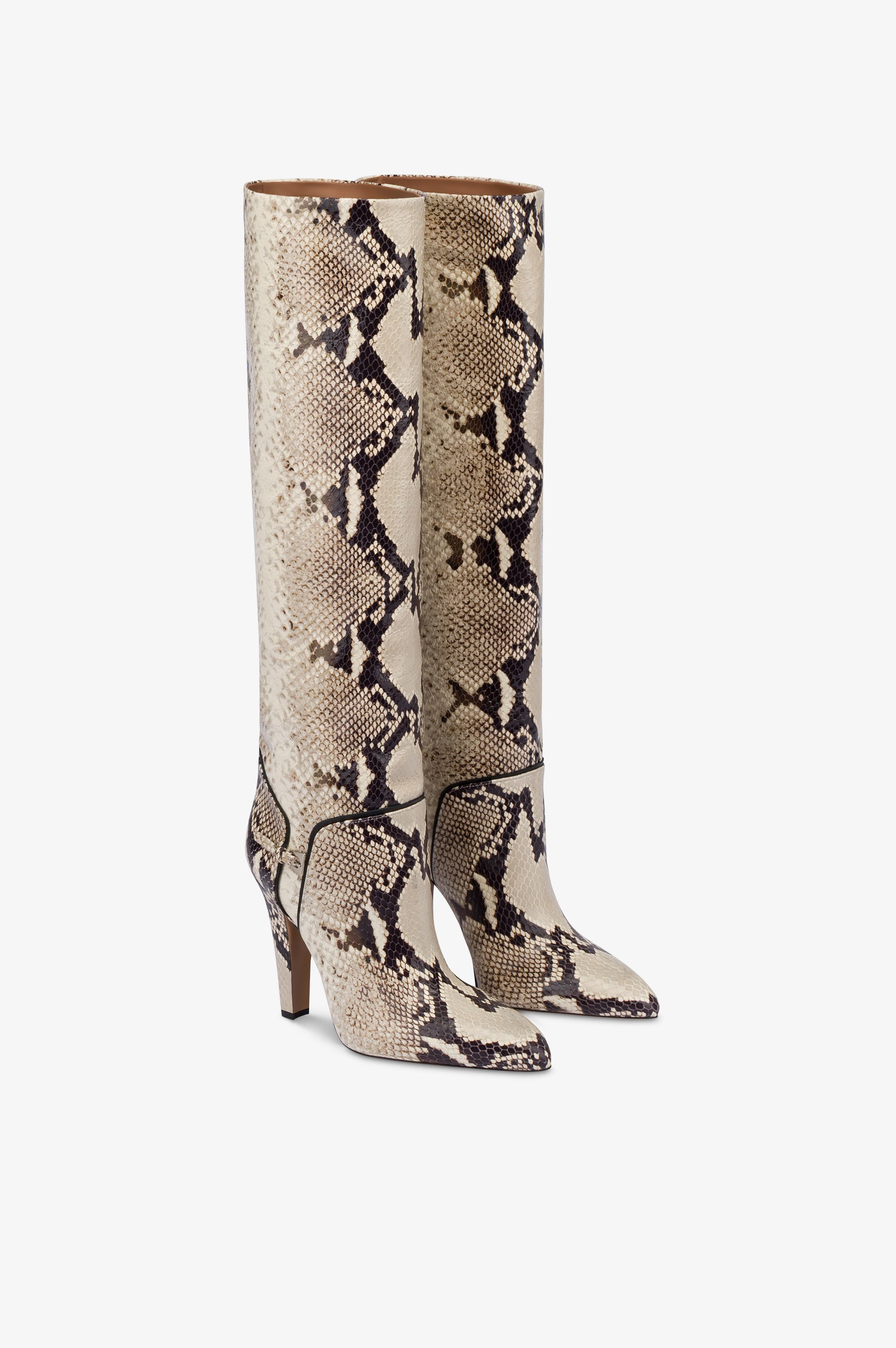 Stiefel aus naturfarbenem, bedrucktem Pythonleder.