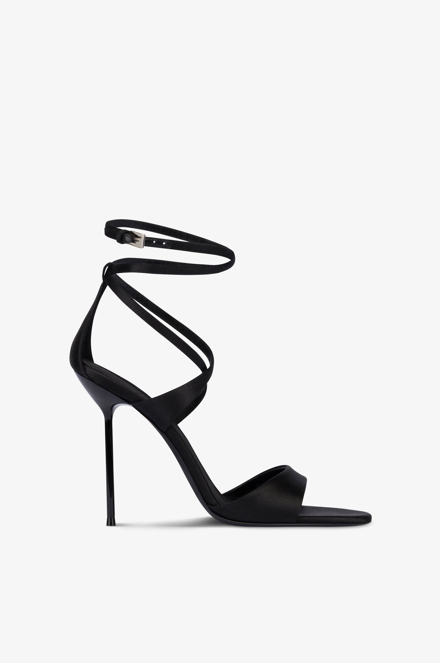 Ankle-strap sandals in black satin