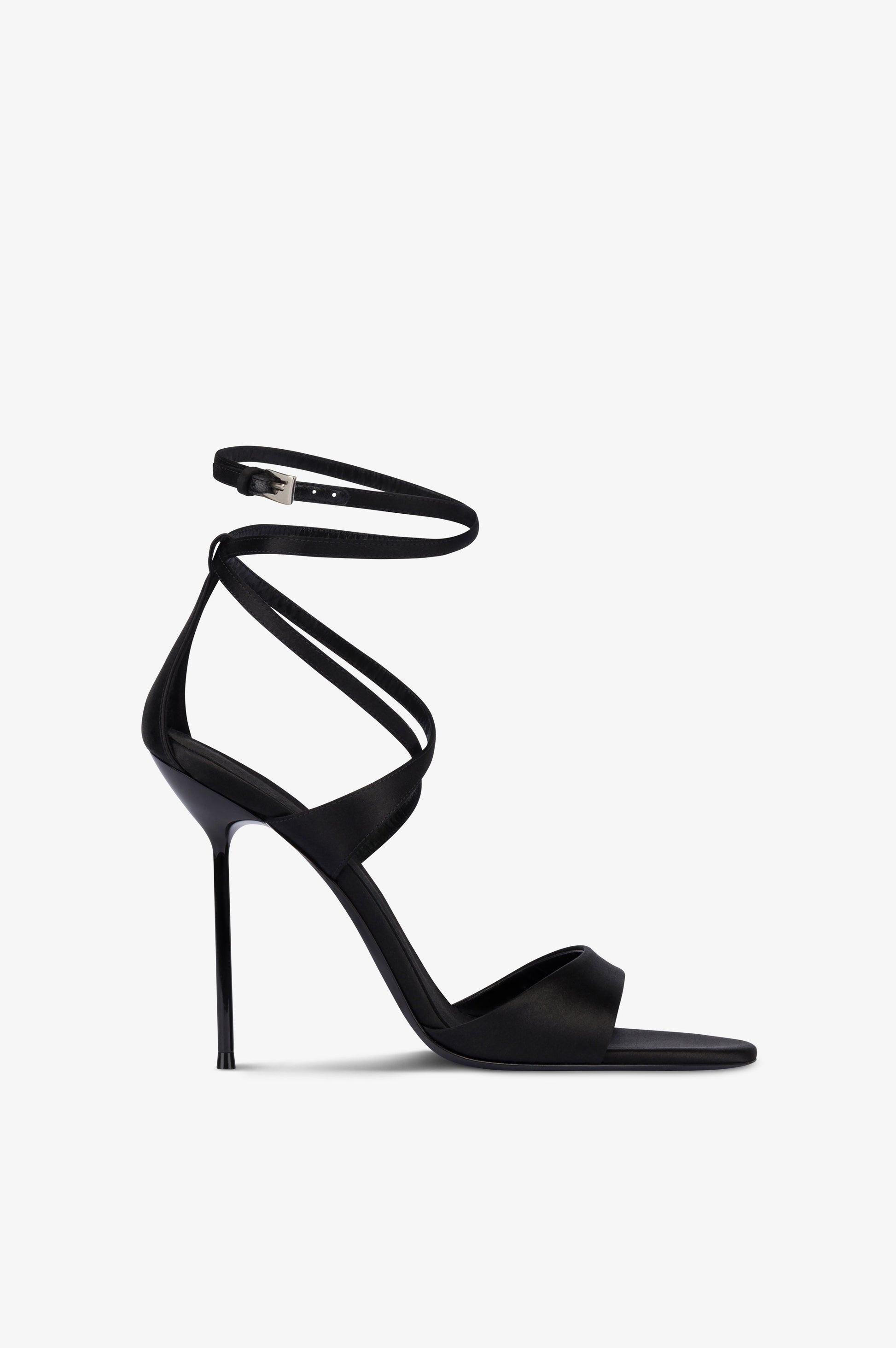 Ankle-strap sandals in black satin