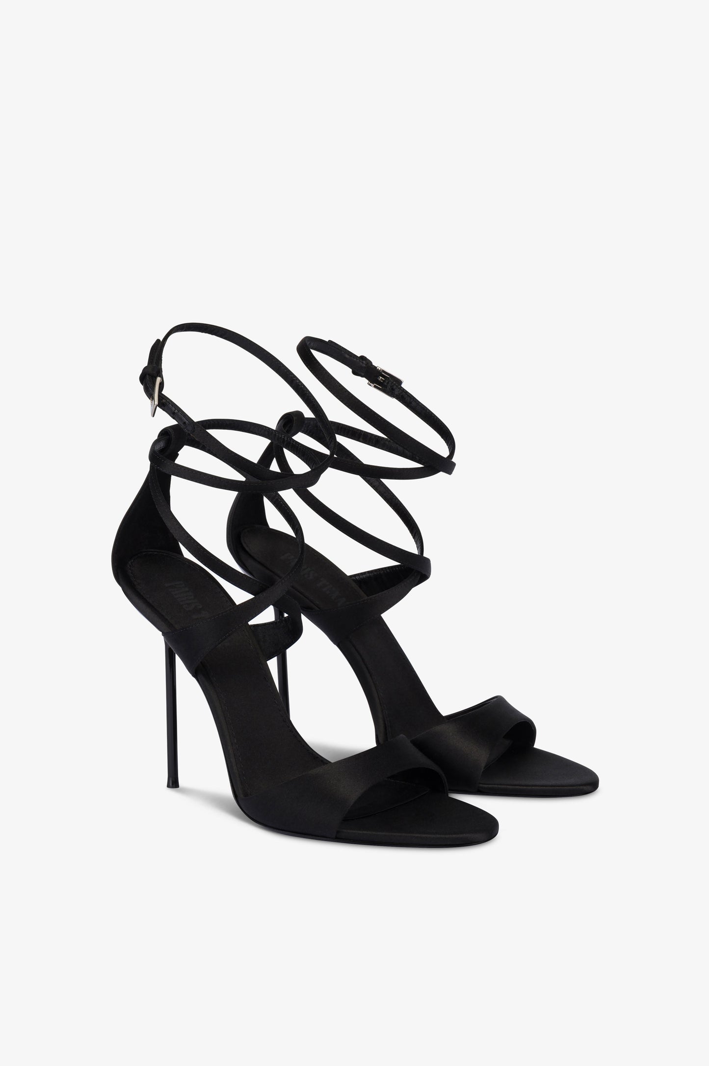Ankle-strap sandals in black satin
