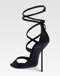 Ankle-strap sandals in black satin