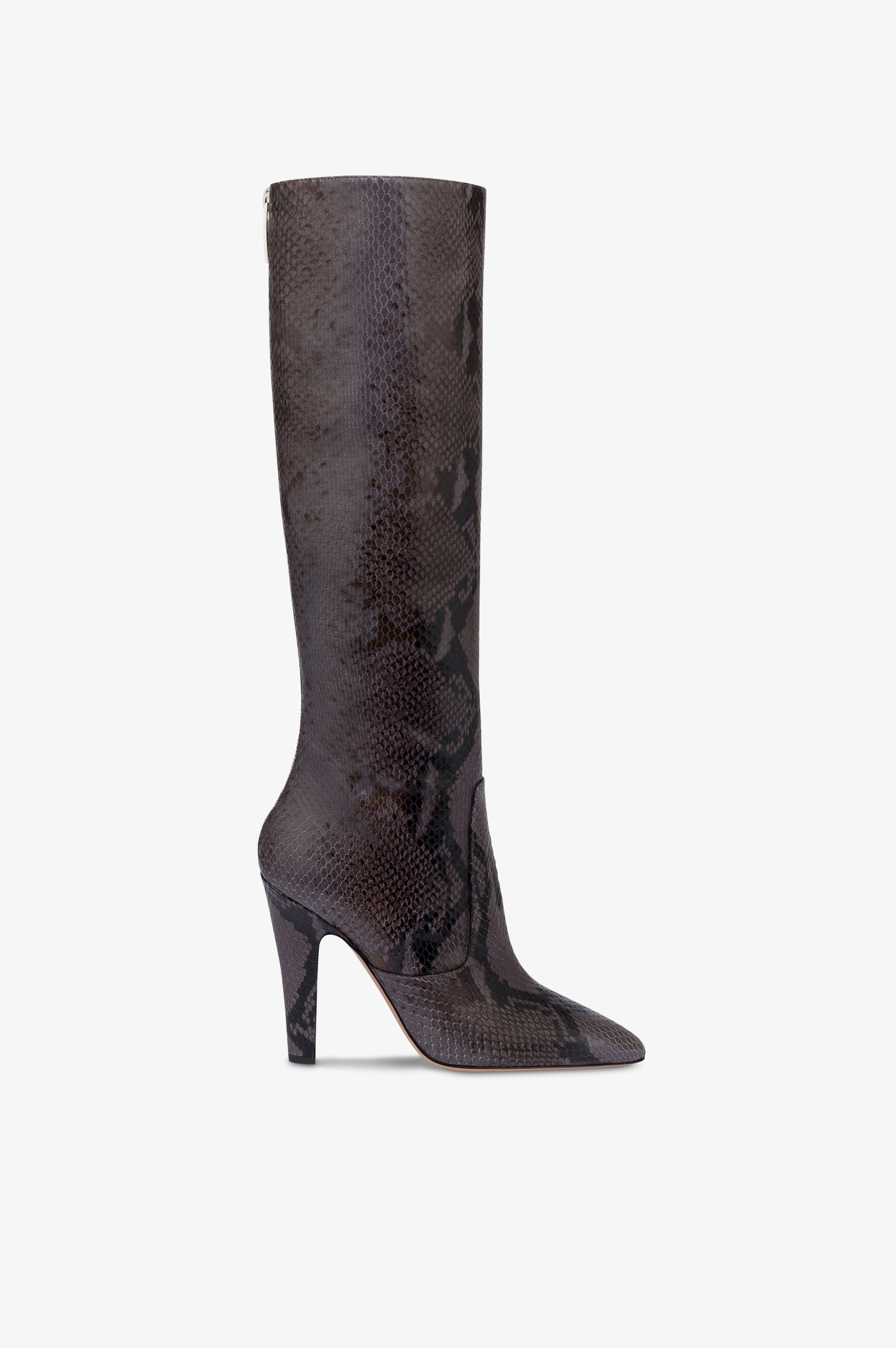 Boots in ash printed python leather.