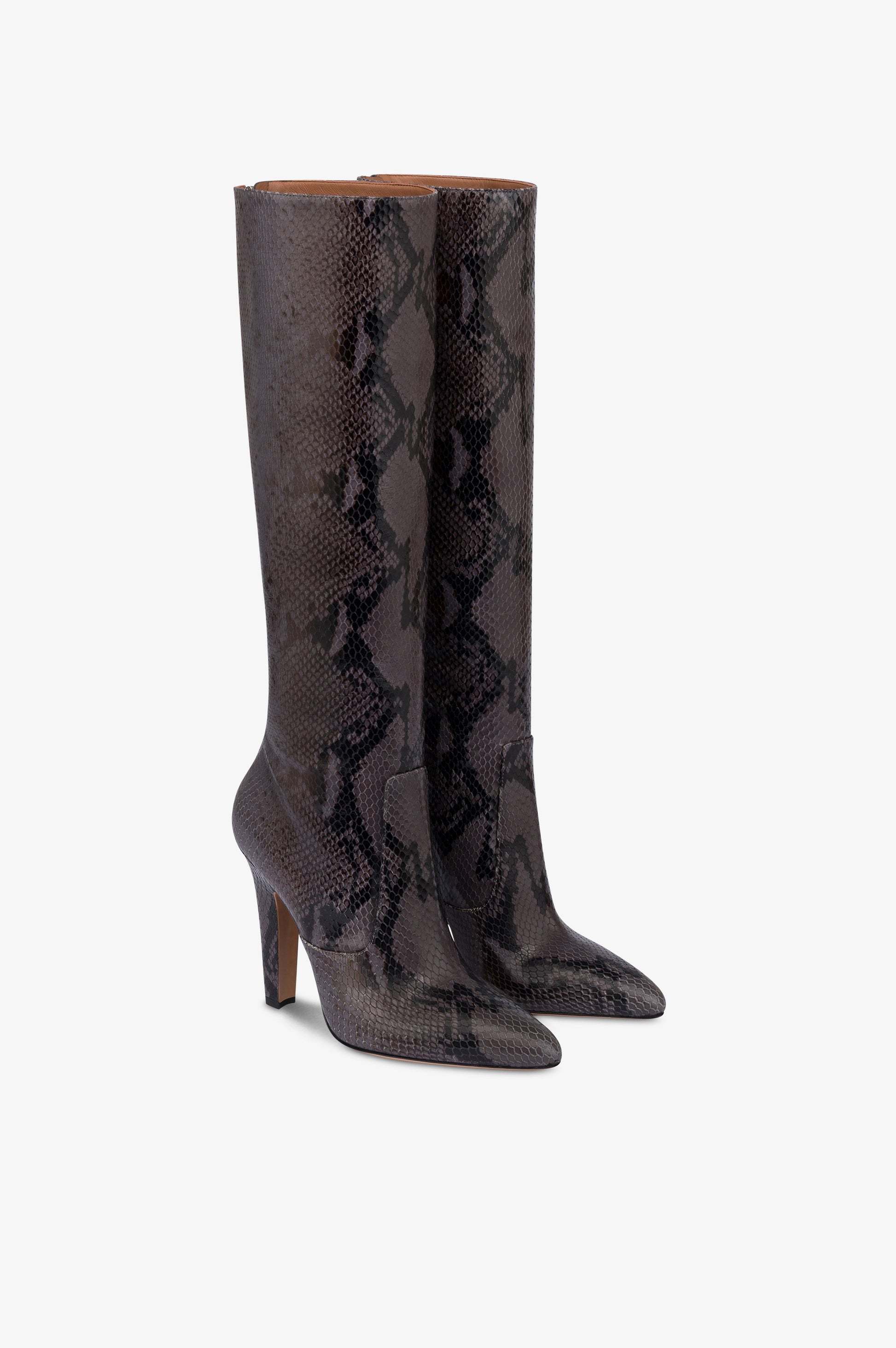 Boots in ash printed python leather.