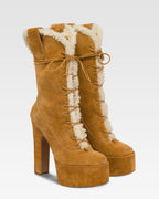 Platform boots in beige calf suede leather.