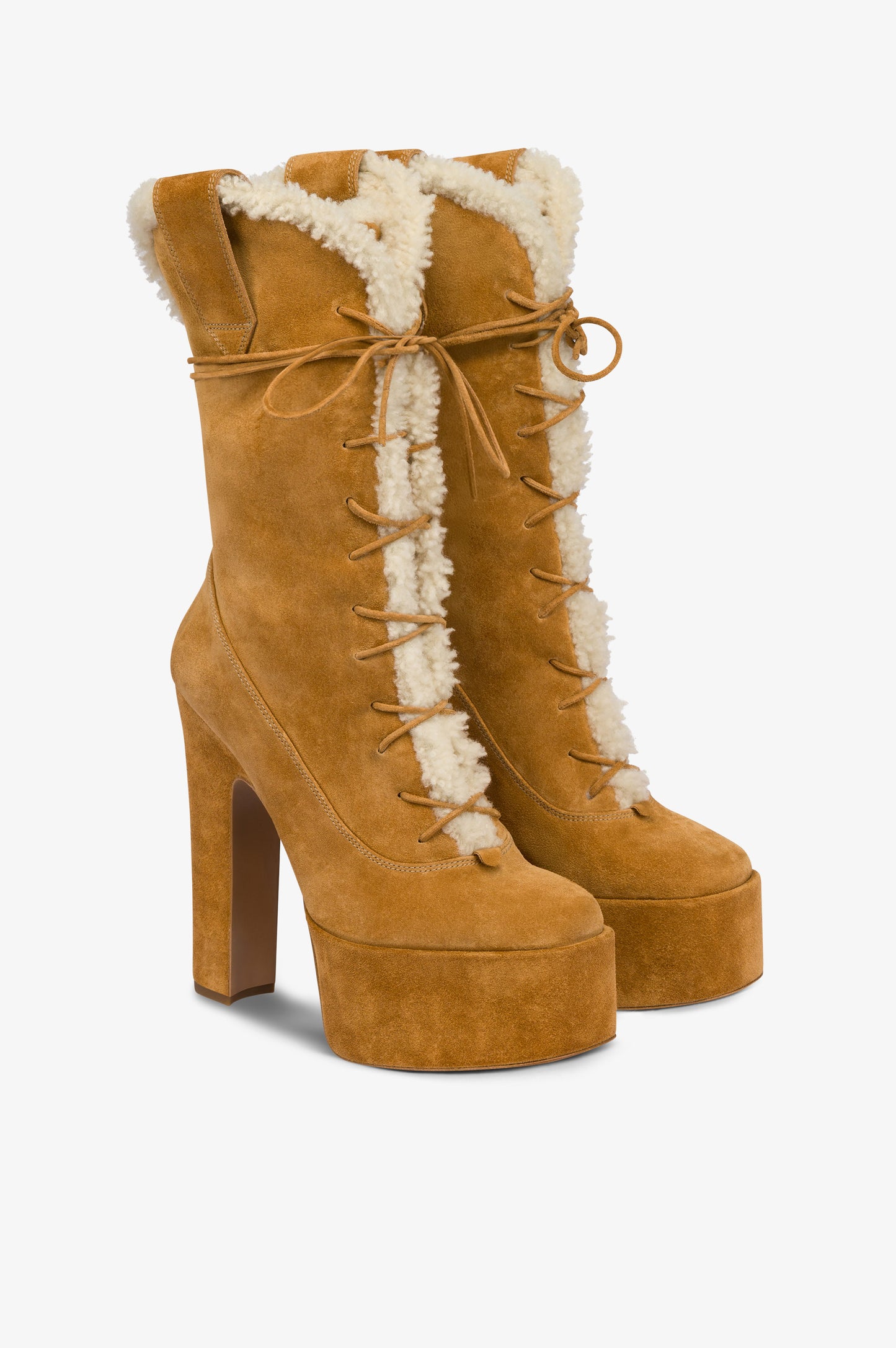 Platform boots in beige calf suede leather.