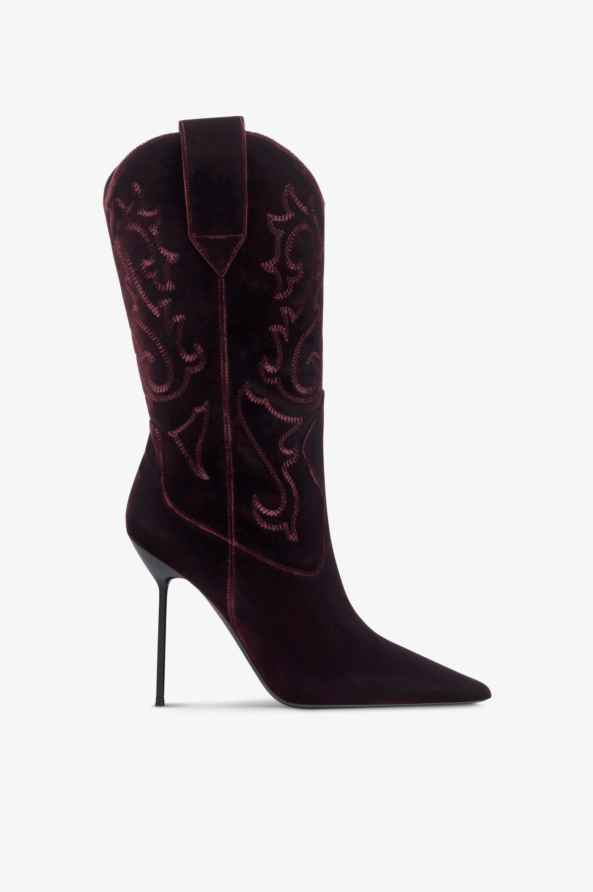 Boots in pinot noir velvet.