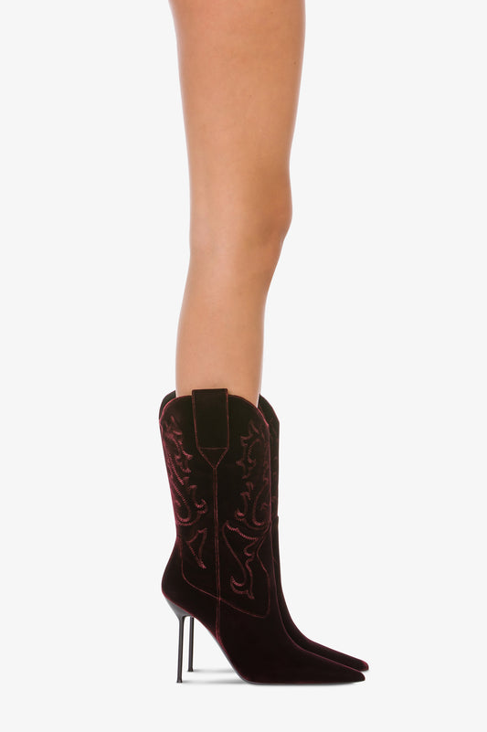 Boots in pinot noir velvet.