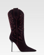 Boots in pinot noir velvet.