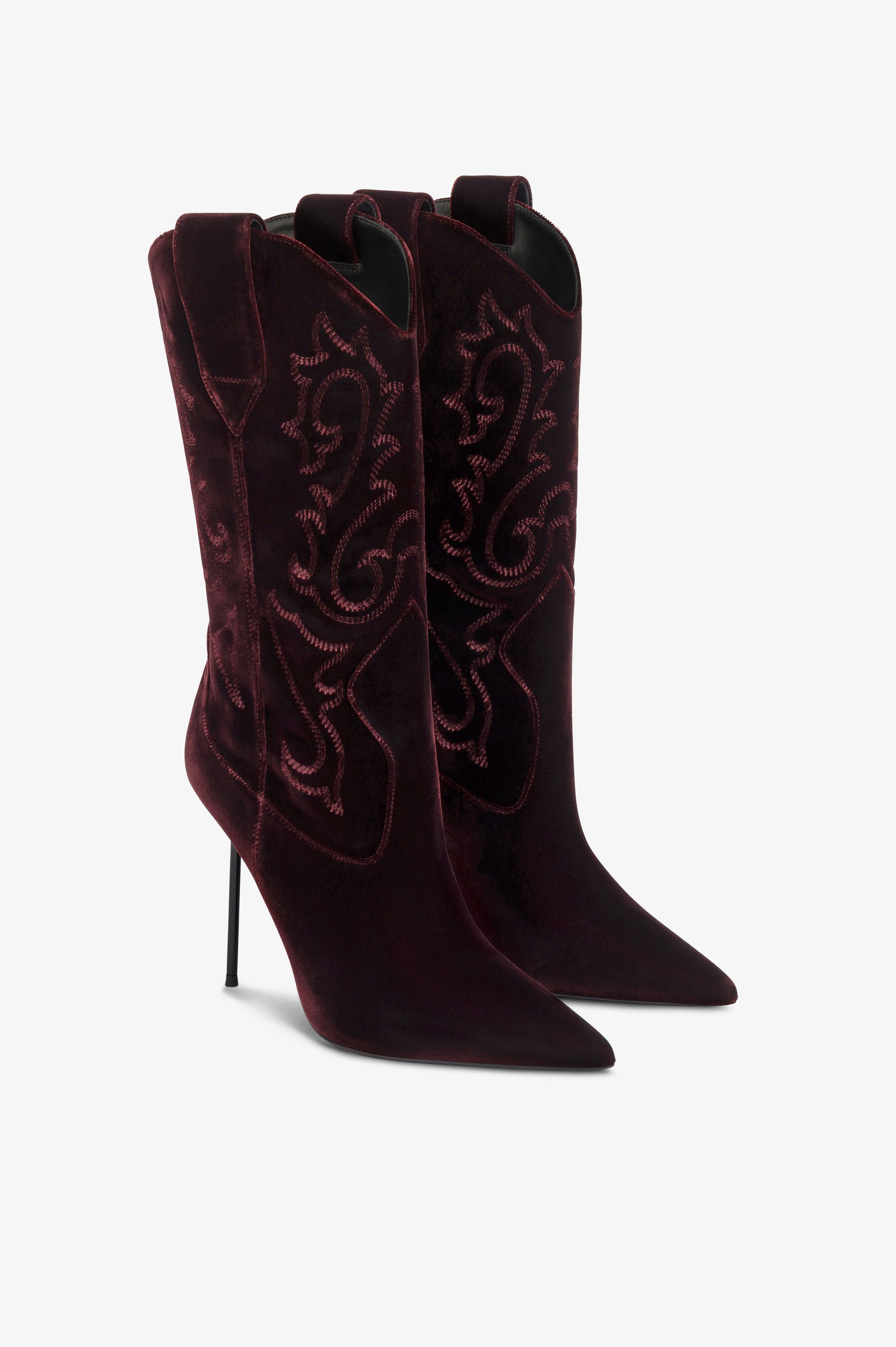 Boots in pinot noir velvet.