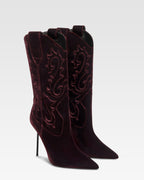Boots in pinot noir velvet.