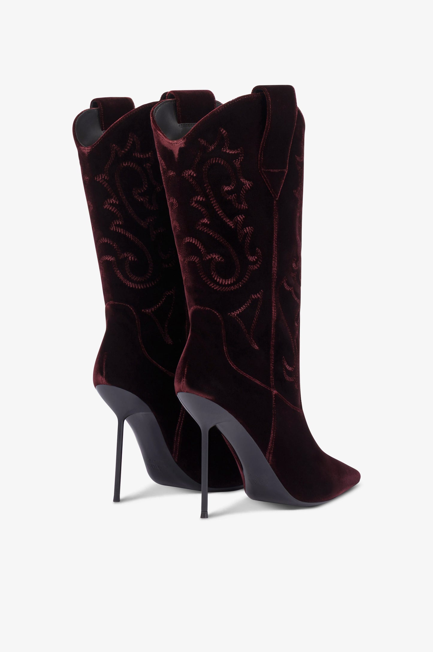Boots in pinot noir velvet.