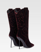 Boots in pinot noir velvet.