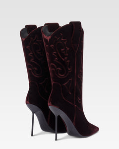 Boots in pinot noir velvet.