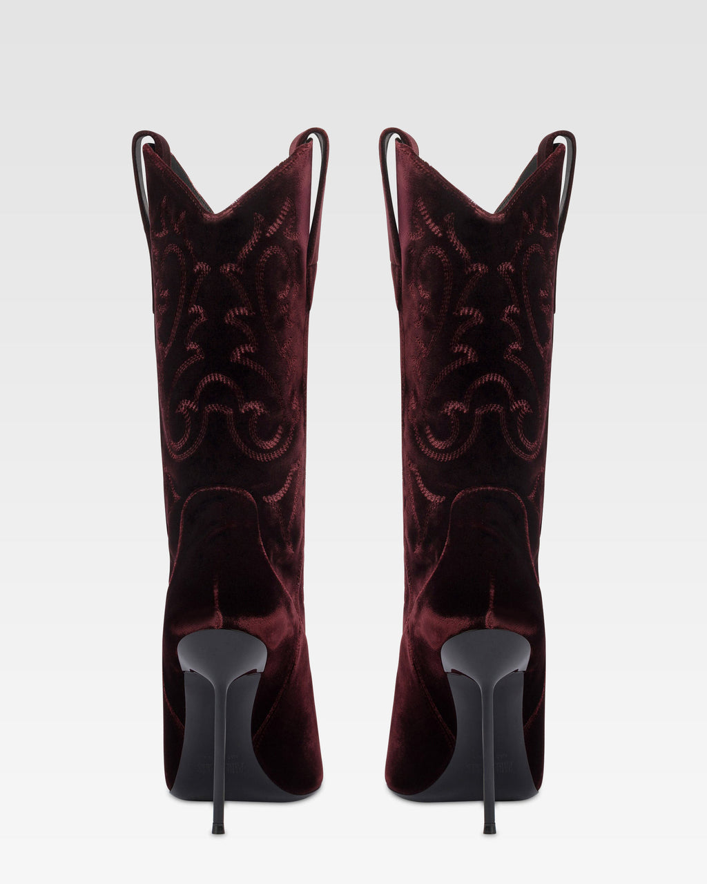 Boots in pinot noir velvet.