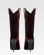 Boots in pinot noir velvet.