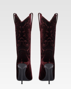 Boots in pinot noir velvet.