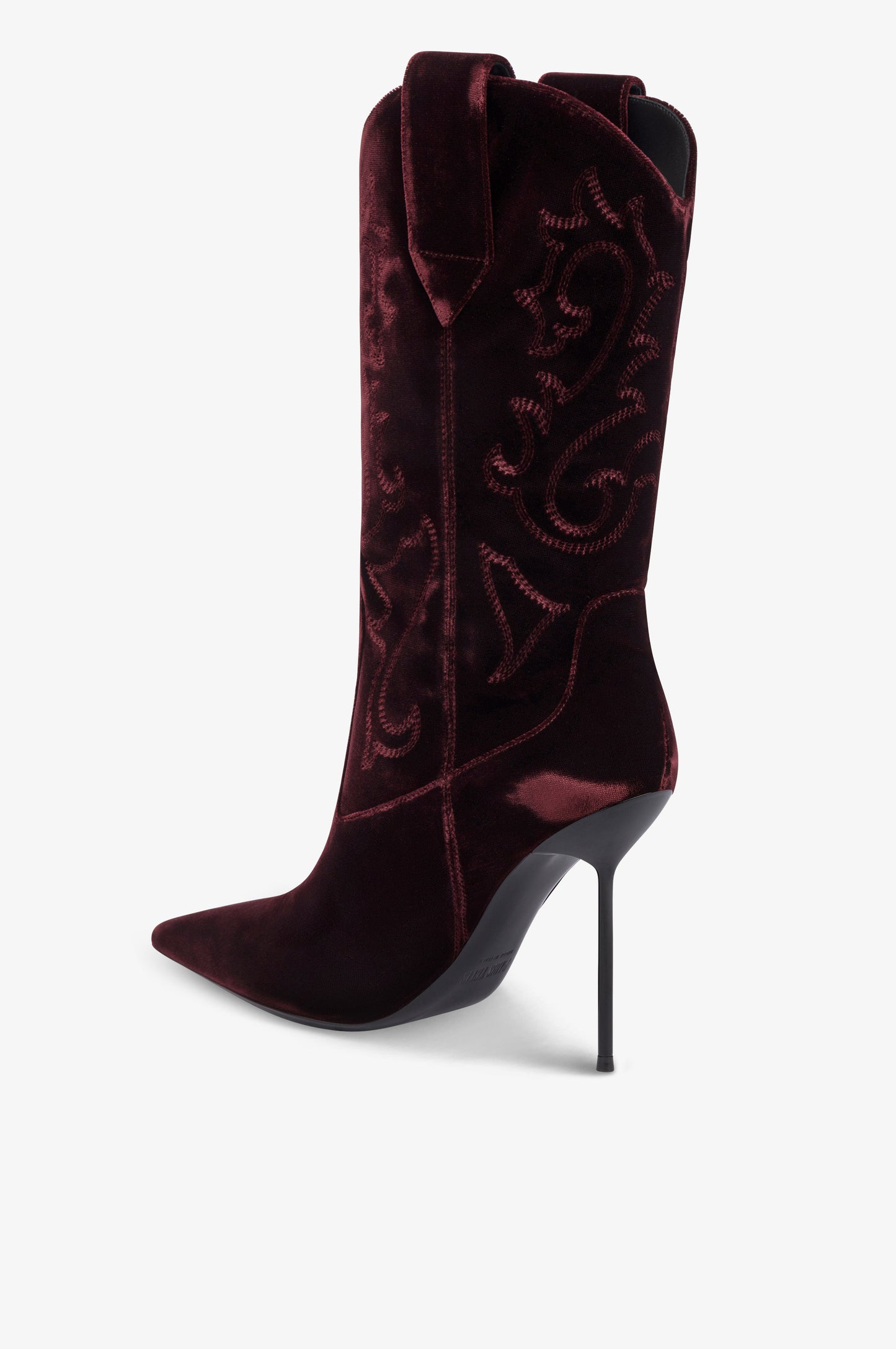 Boots in pinot noir velvet.