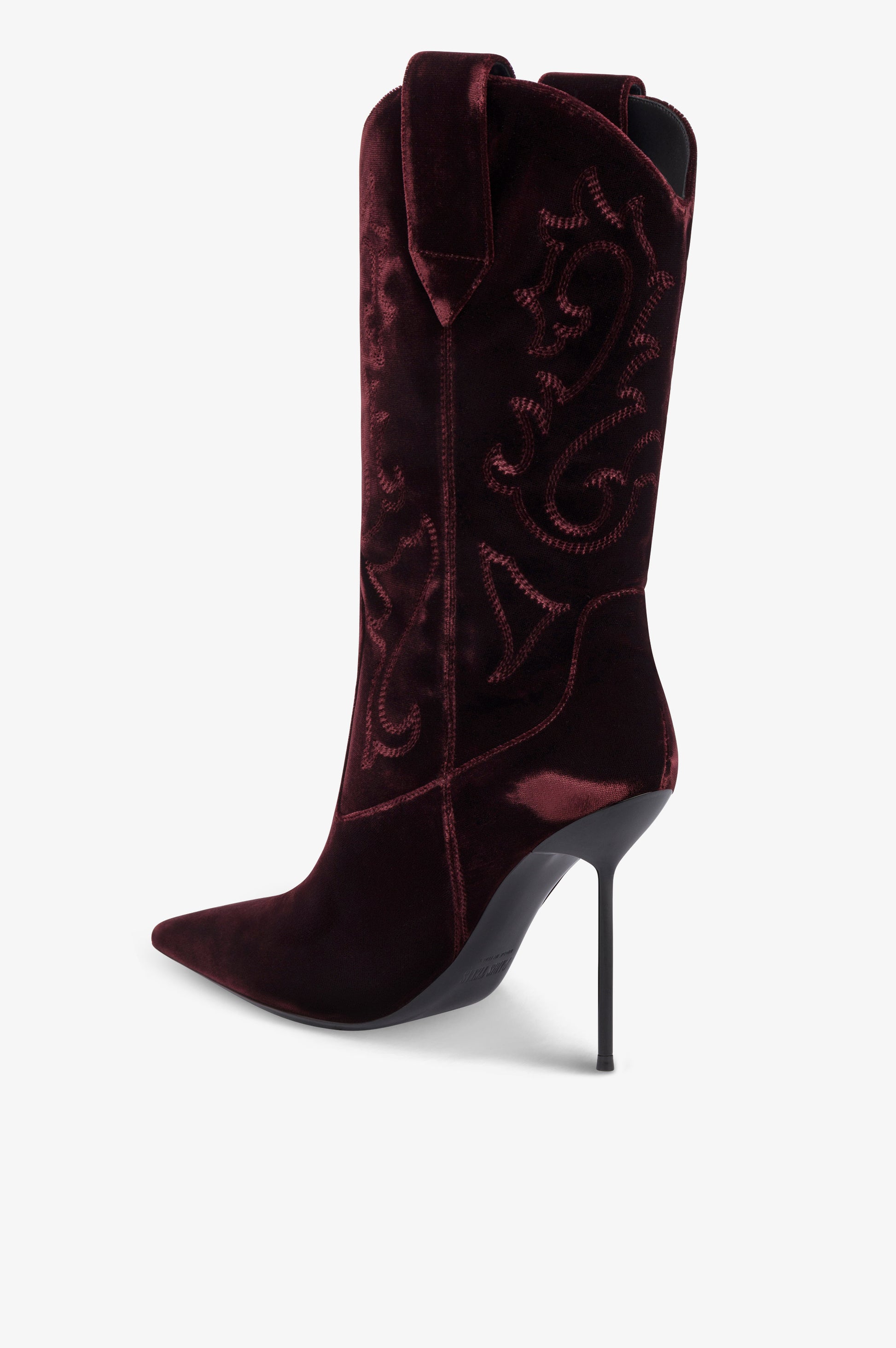 Boots in pinot noir velvet.
