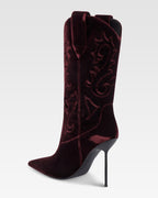 Boots in pinot noir velvet.